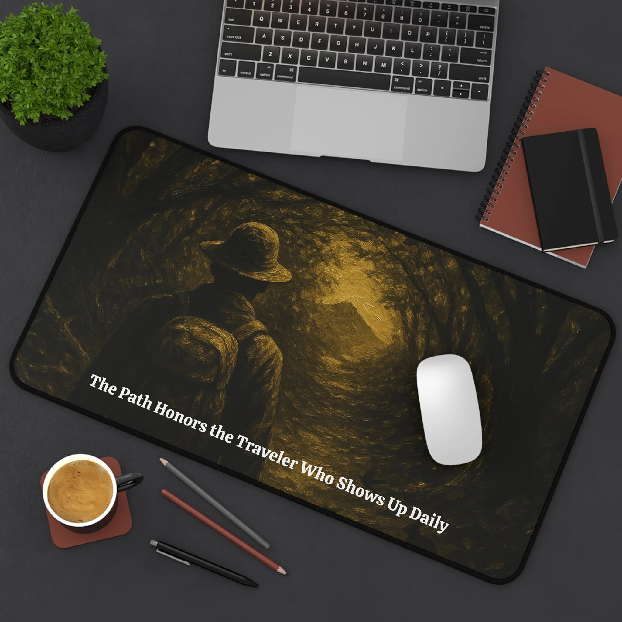 Angled product view of forest trail desk mat.