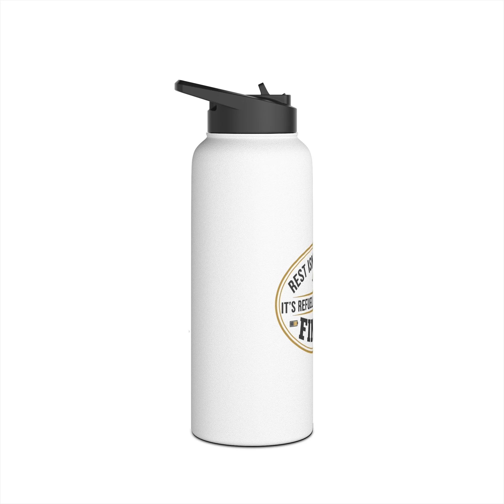 Angled product view of motivational stainless steel water bottle.