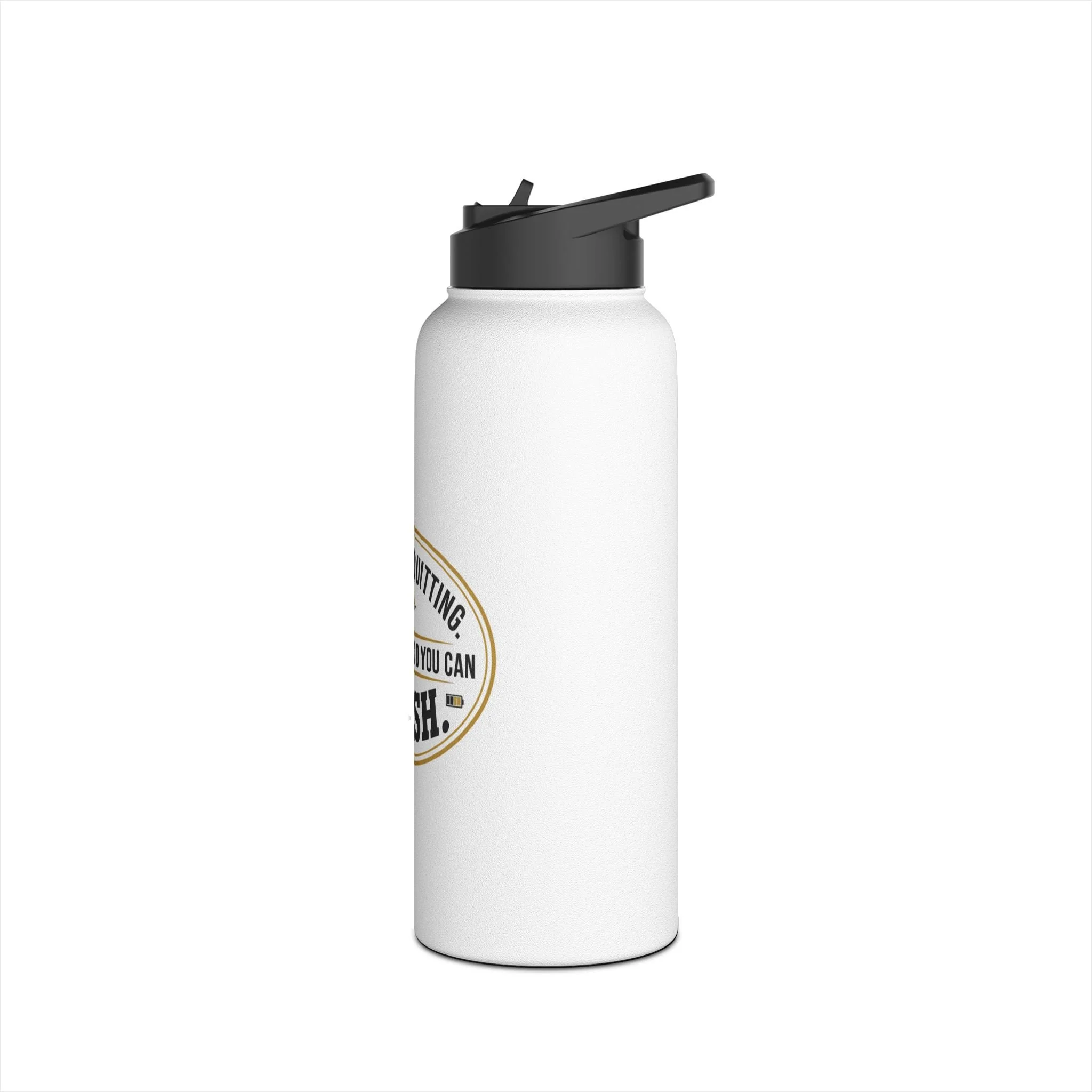 Angled product view of motivational stainless steel water bottle.
