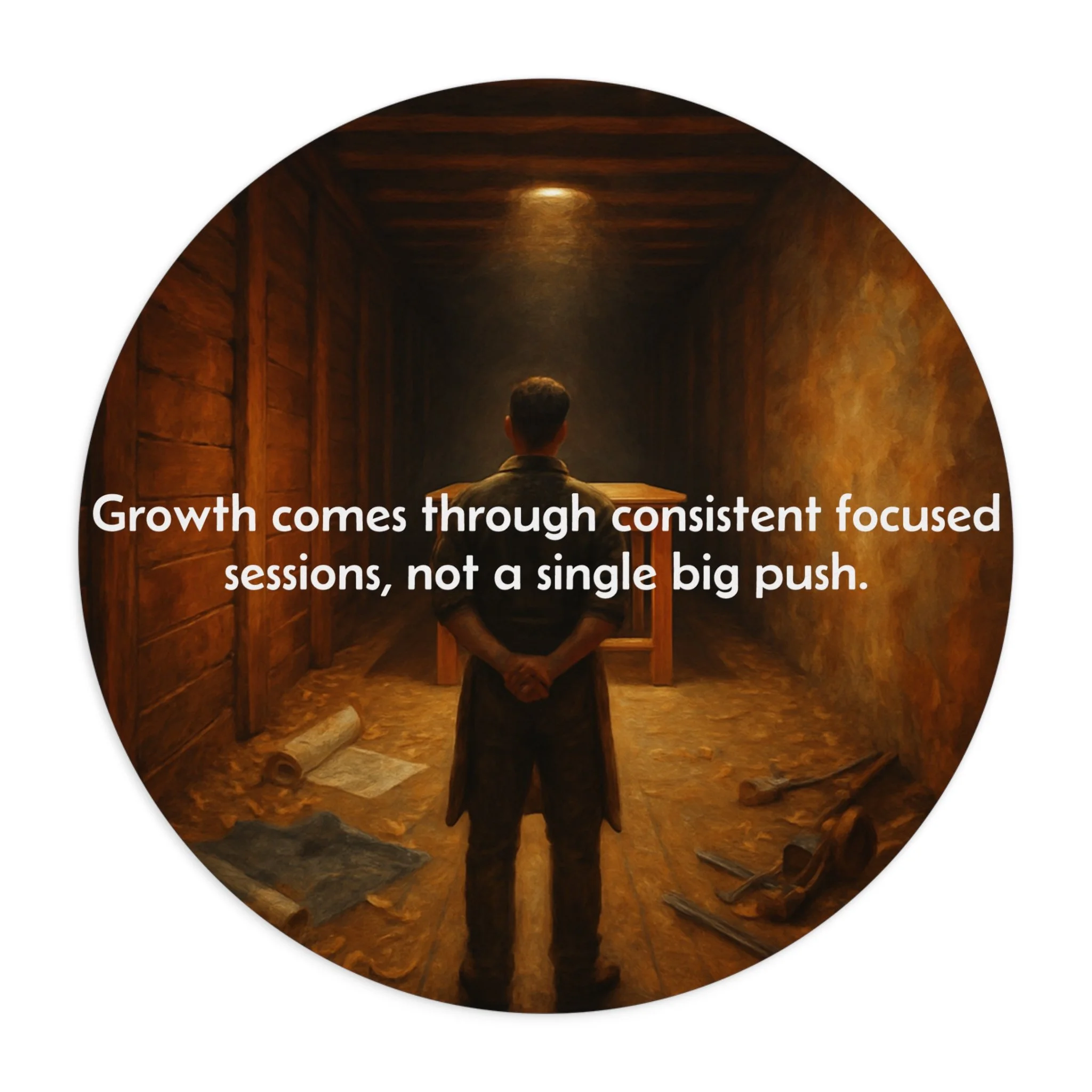 Top view of motivational mouse pad reading 'Consistent Focus Builds Growth, Not One Big Push.
