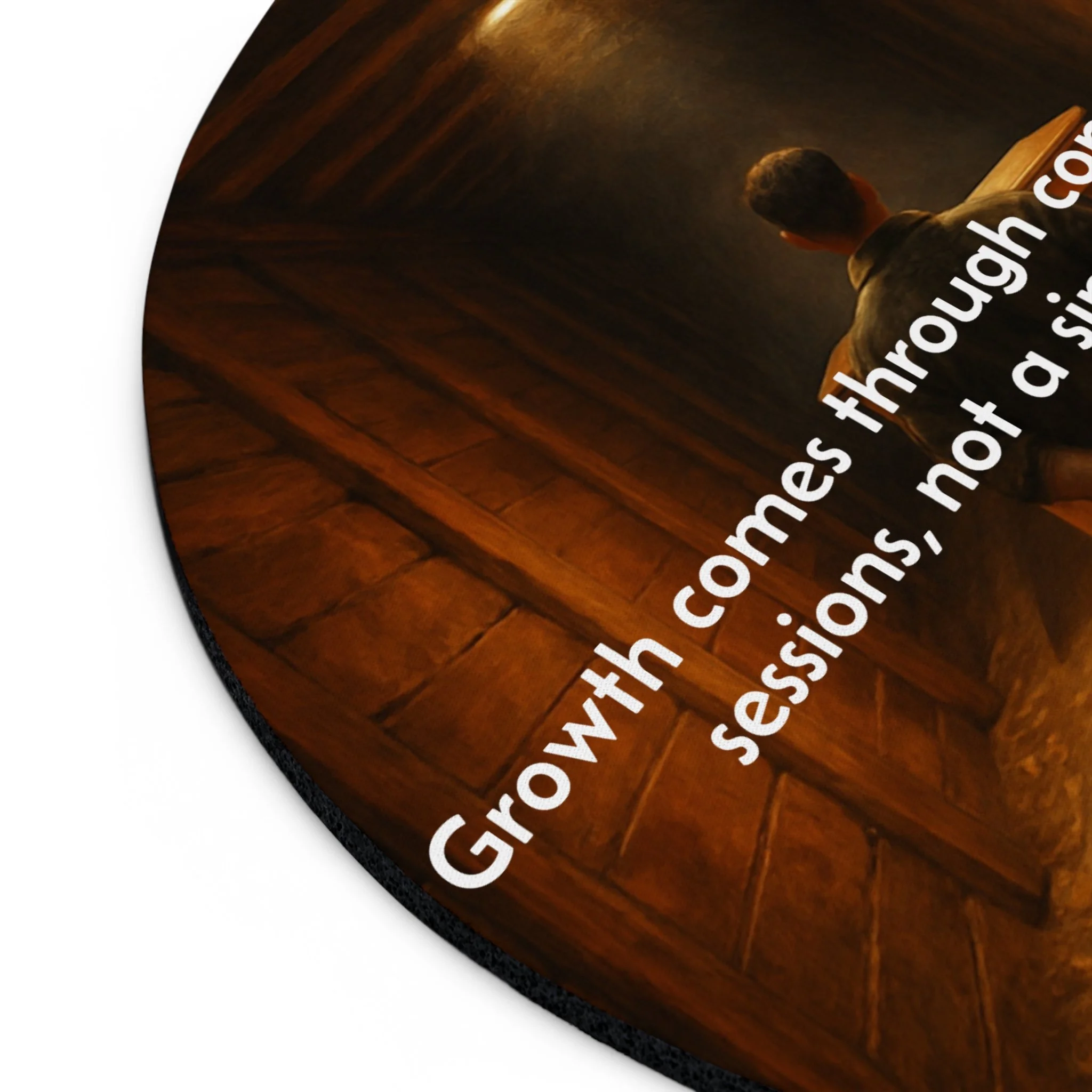 Close-up of printed message and mouse pad surface texture.