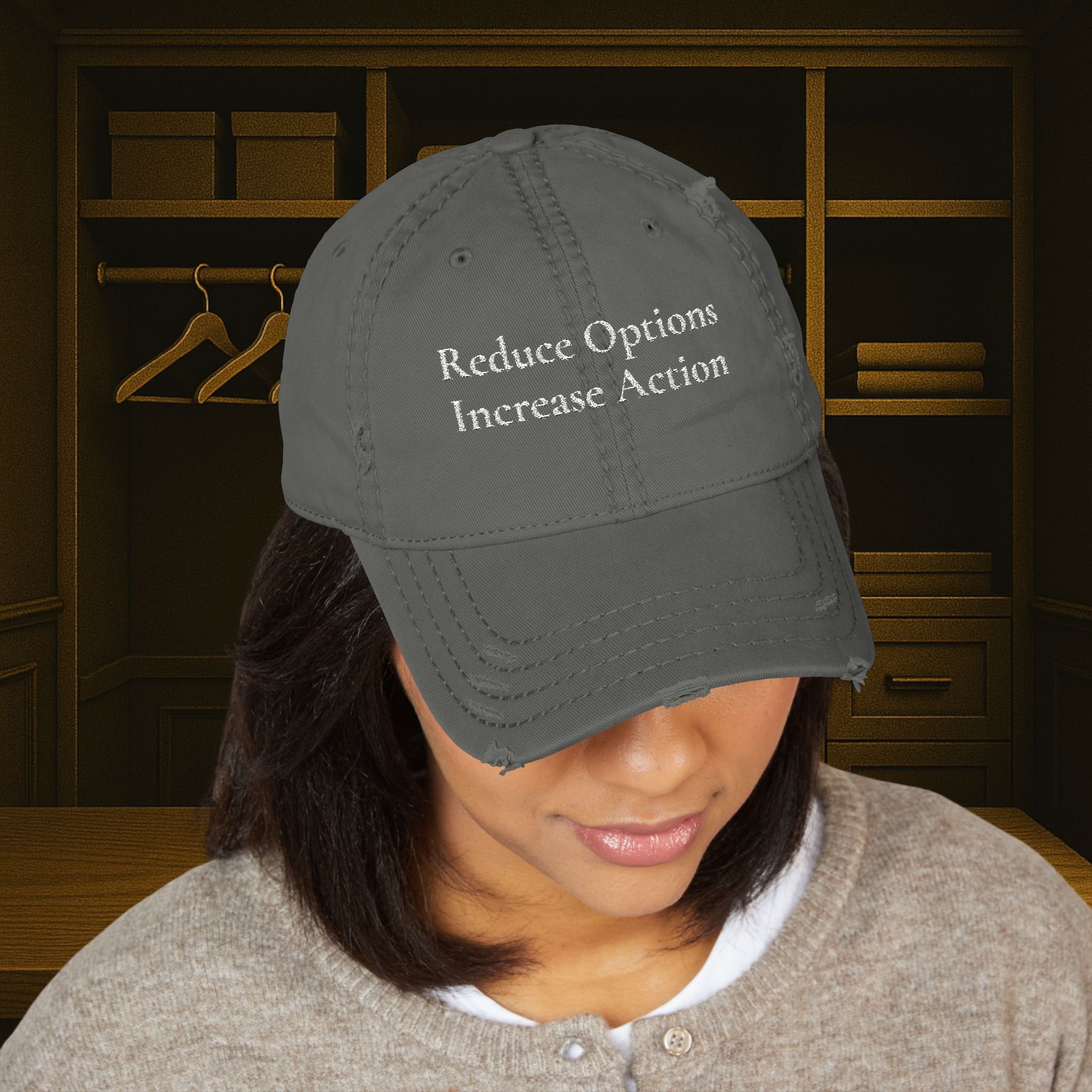 Lifestyle front view of person wearing distressed dad hat.