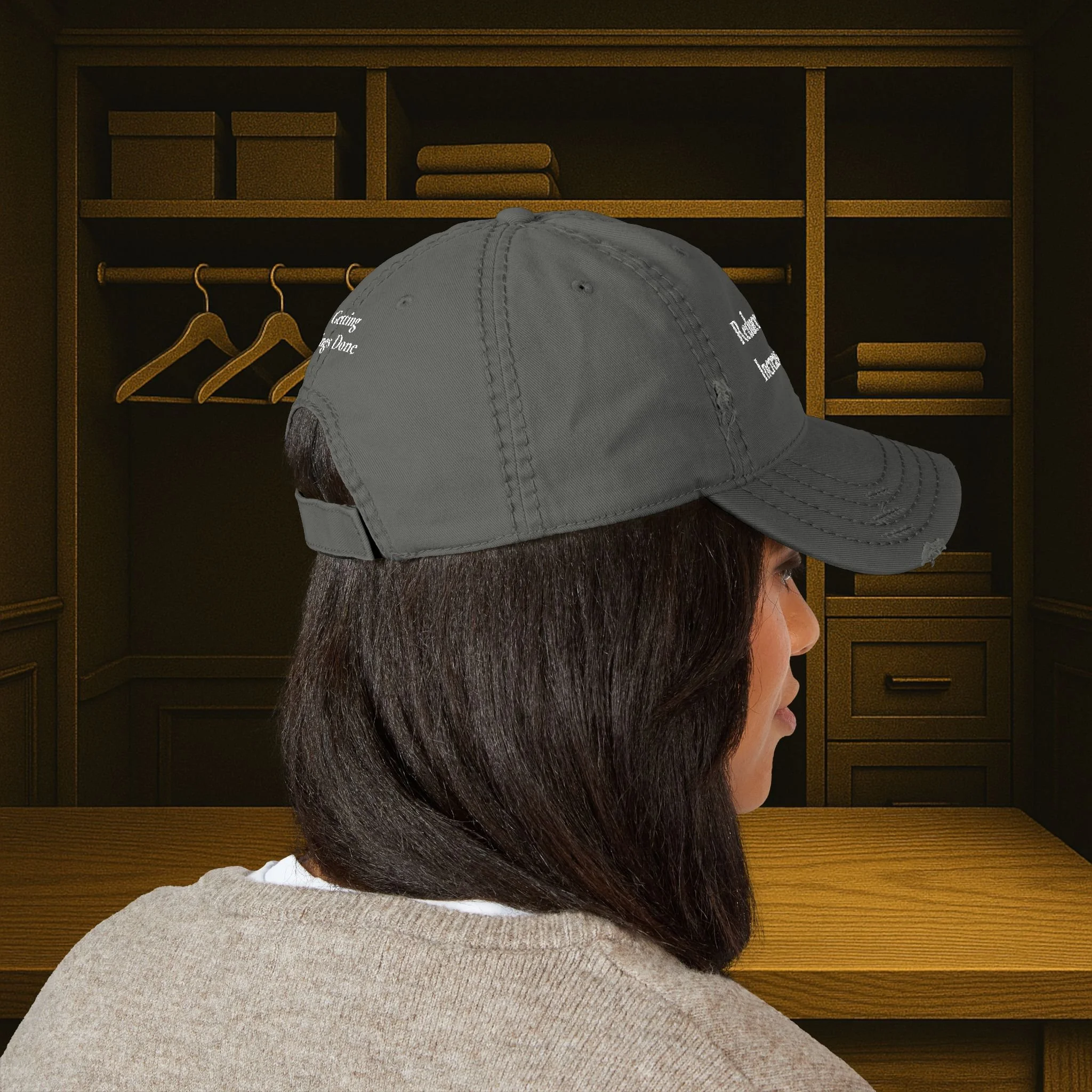 Lifestyle side view of person wearing embroidered dad hat.