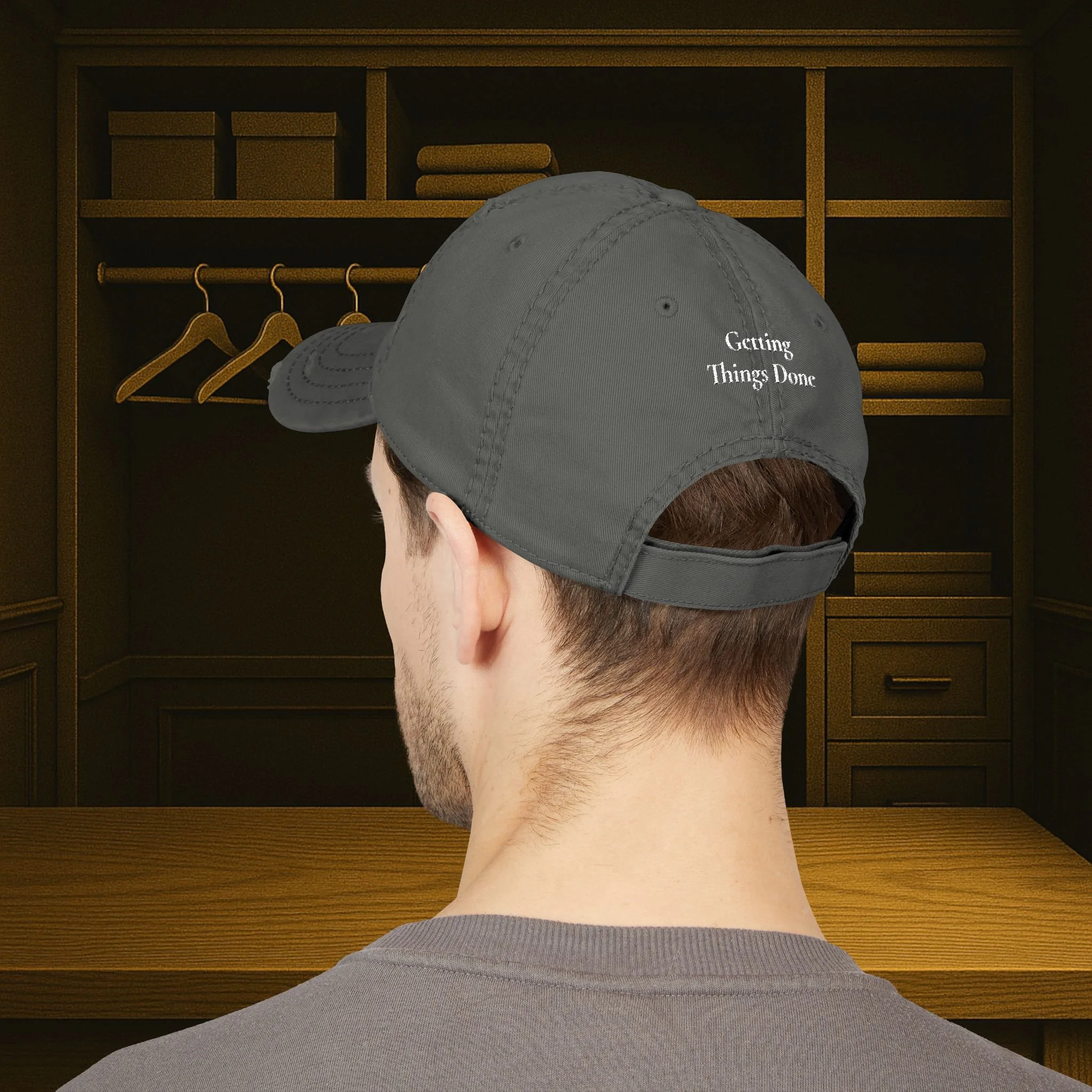 Lifestyle back view of distressed dad hat.