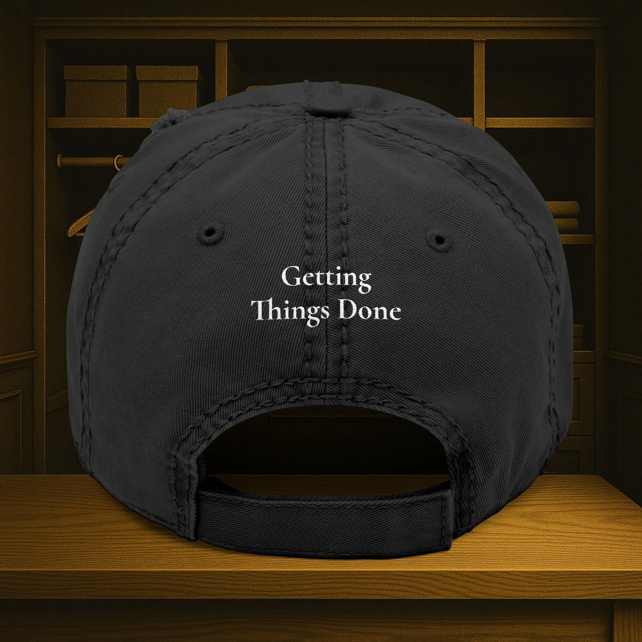 Back view of distressed dad hat with adjustable strap.