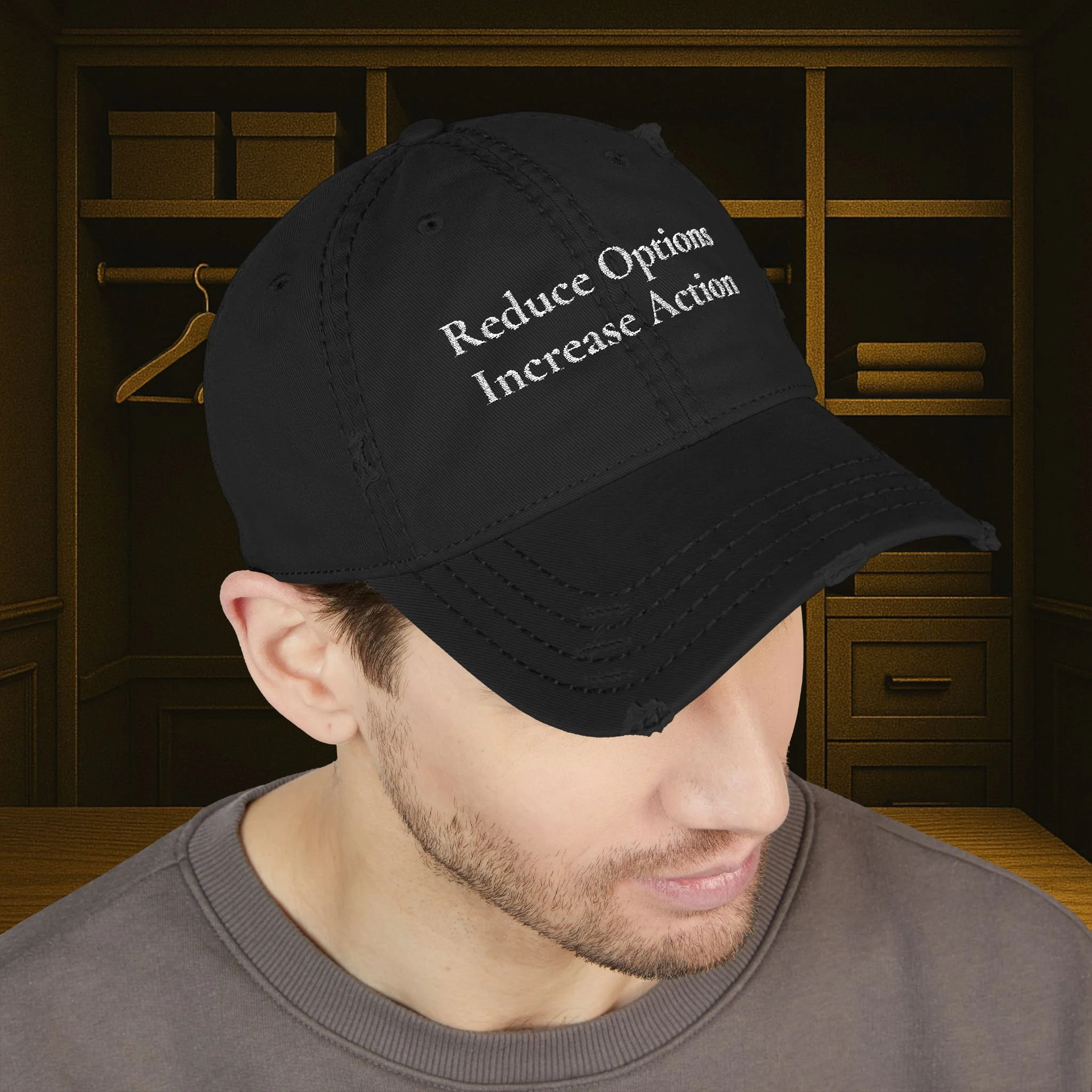 Lifestyle front view of person wearing distressed dad hat.