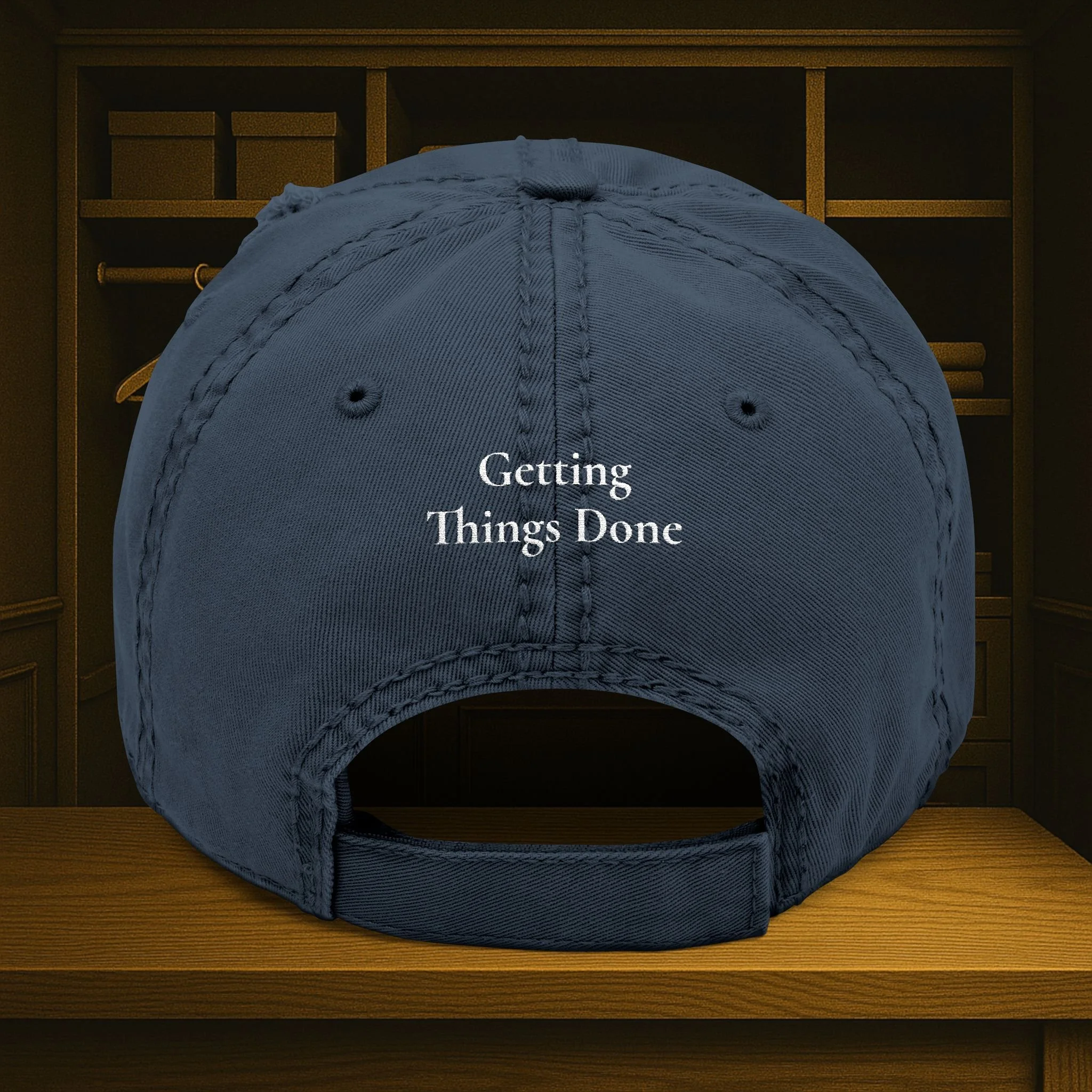 Back view of distressed dad hat with adjustable strap.