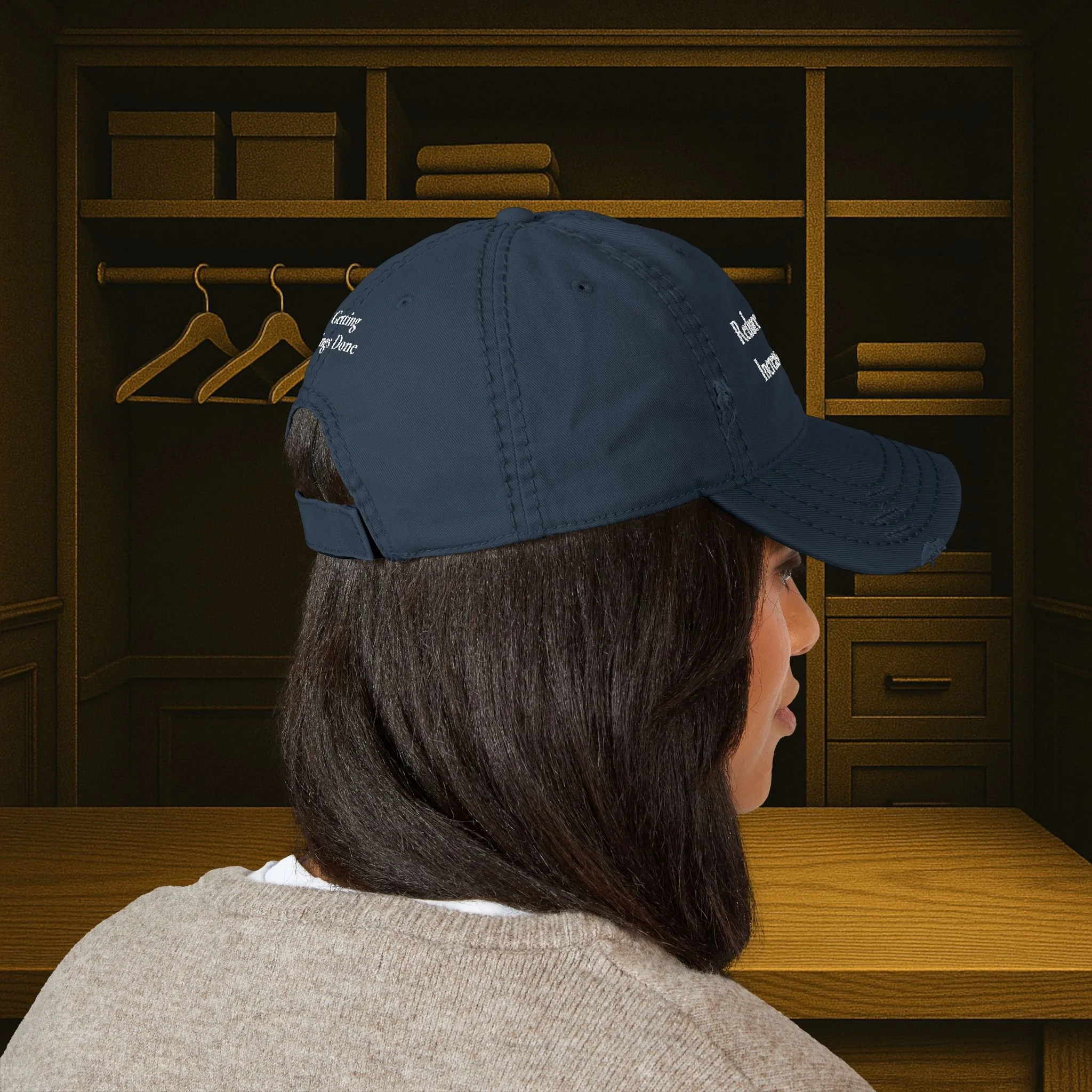 Lifestyle side view of person wearing embroidered dad hat.