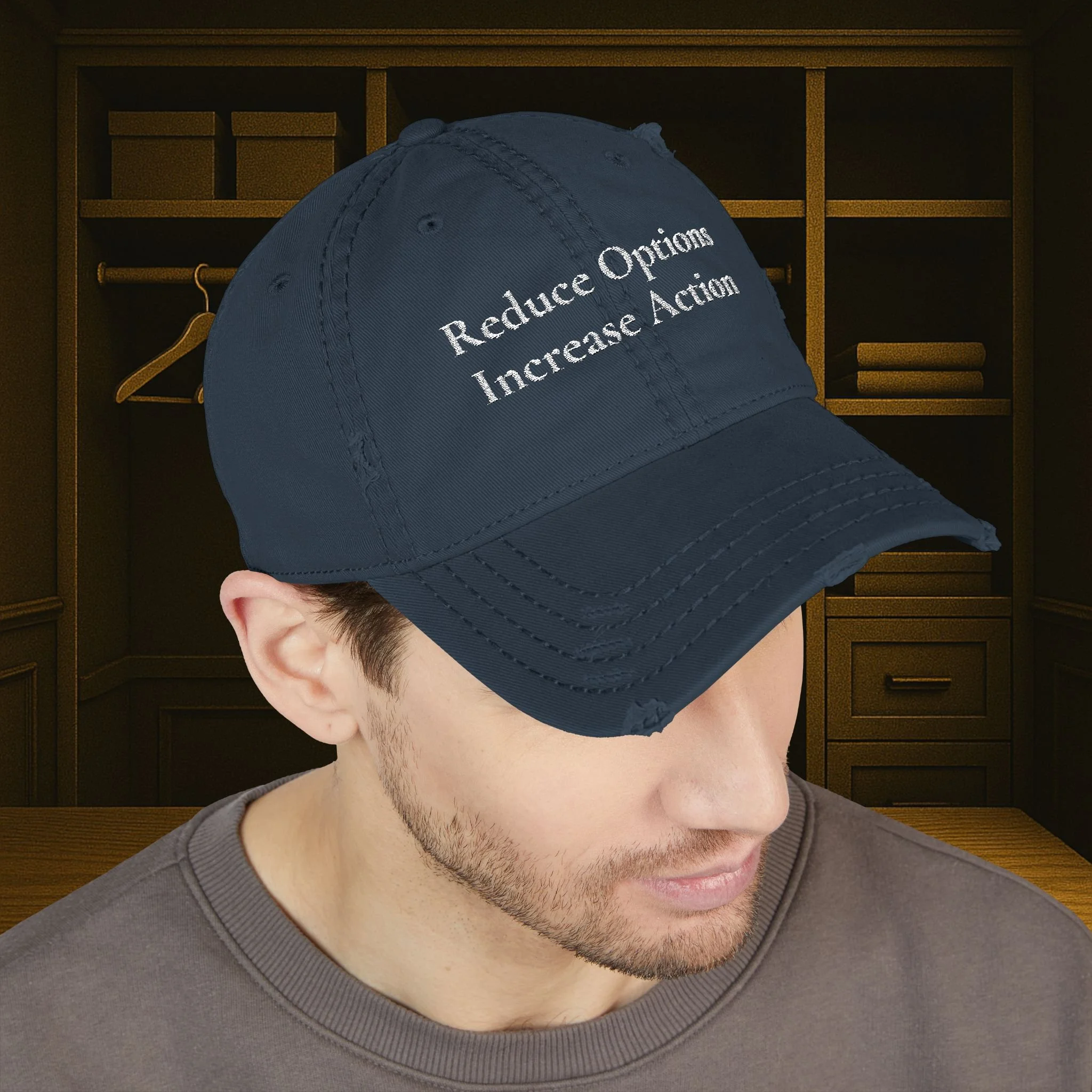 Lifestyle front view of person wearing distressed dad hat.