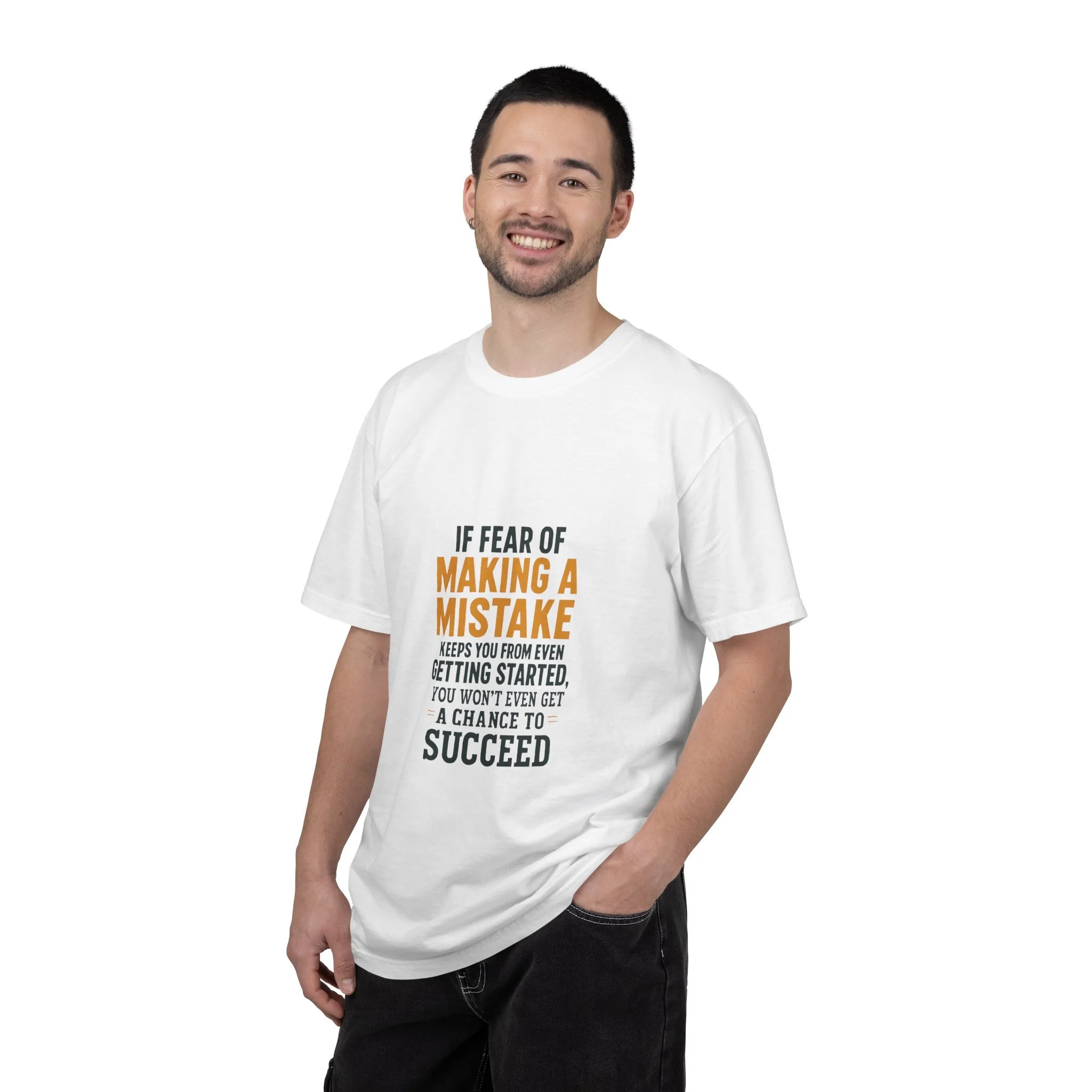 Lifestyle front view of person wearing motivational T-shirt.
