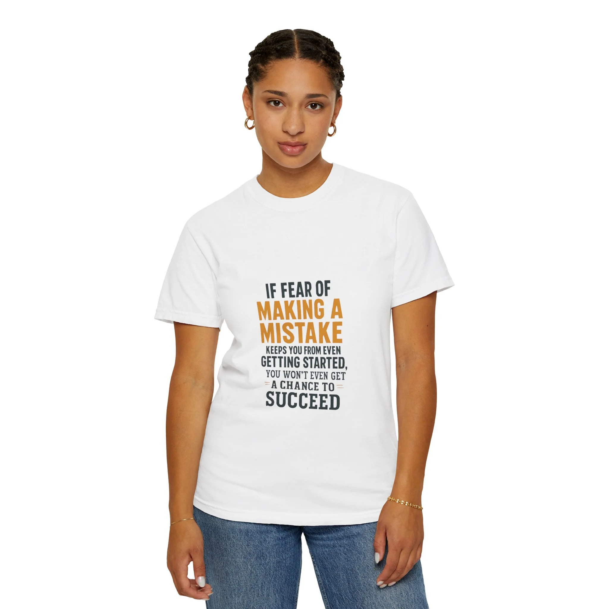 Lifestyle front view of person wearing motivational T-shirt.
