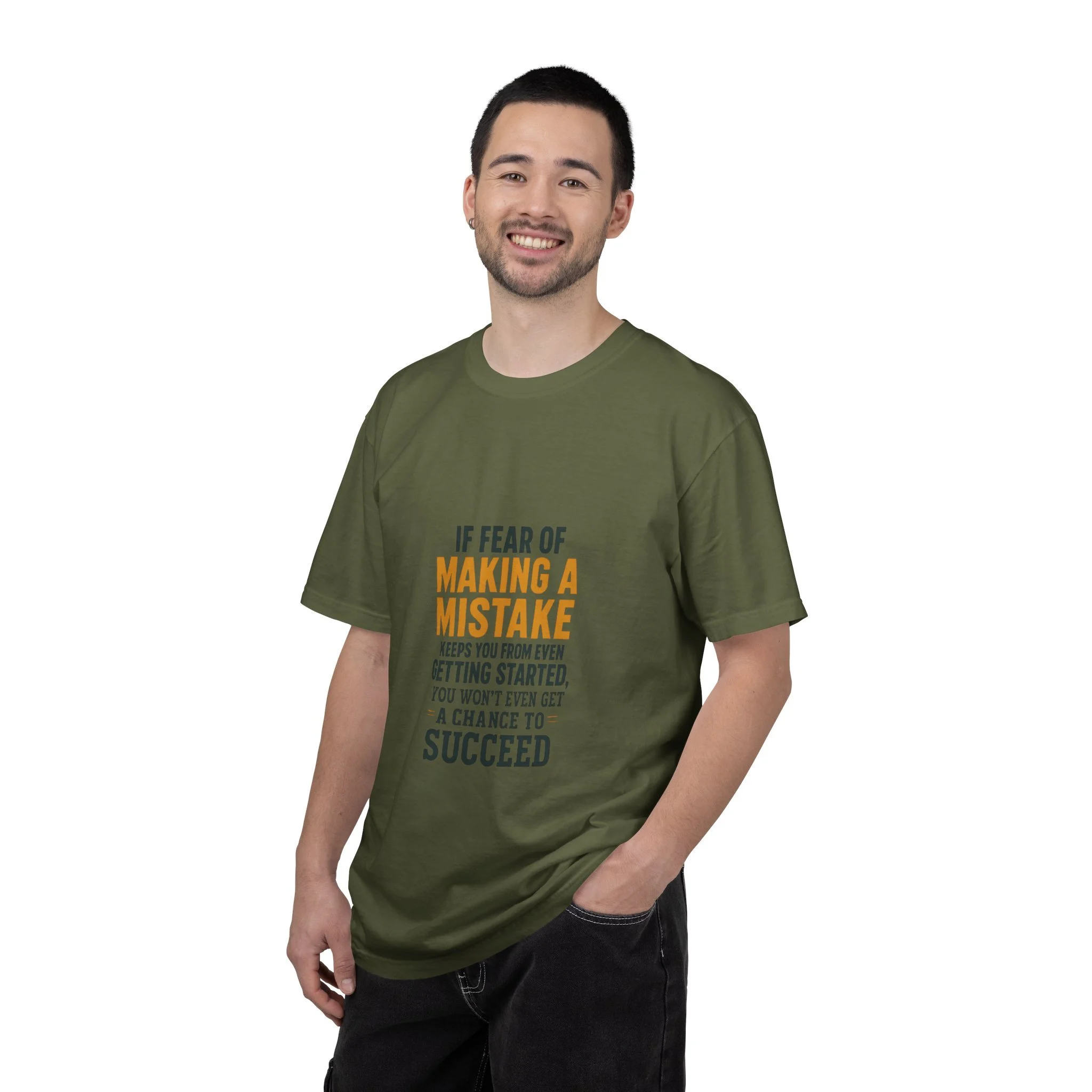 Lifestyle front view of person wearing motivational T-shirt.