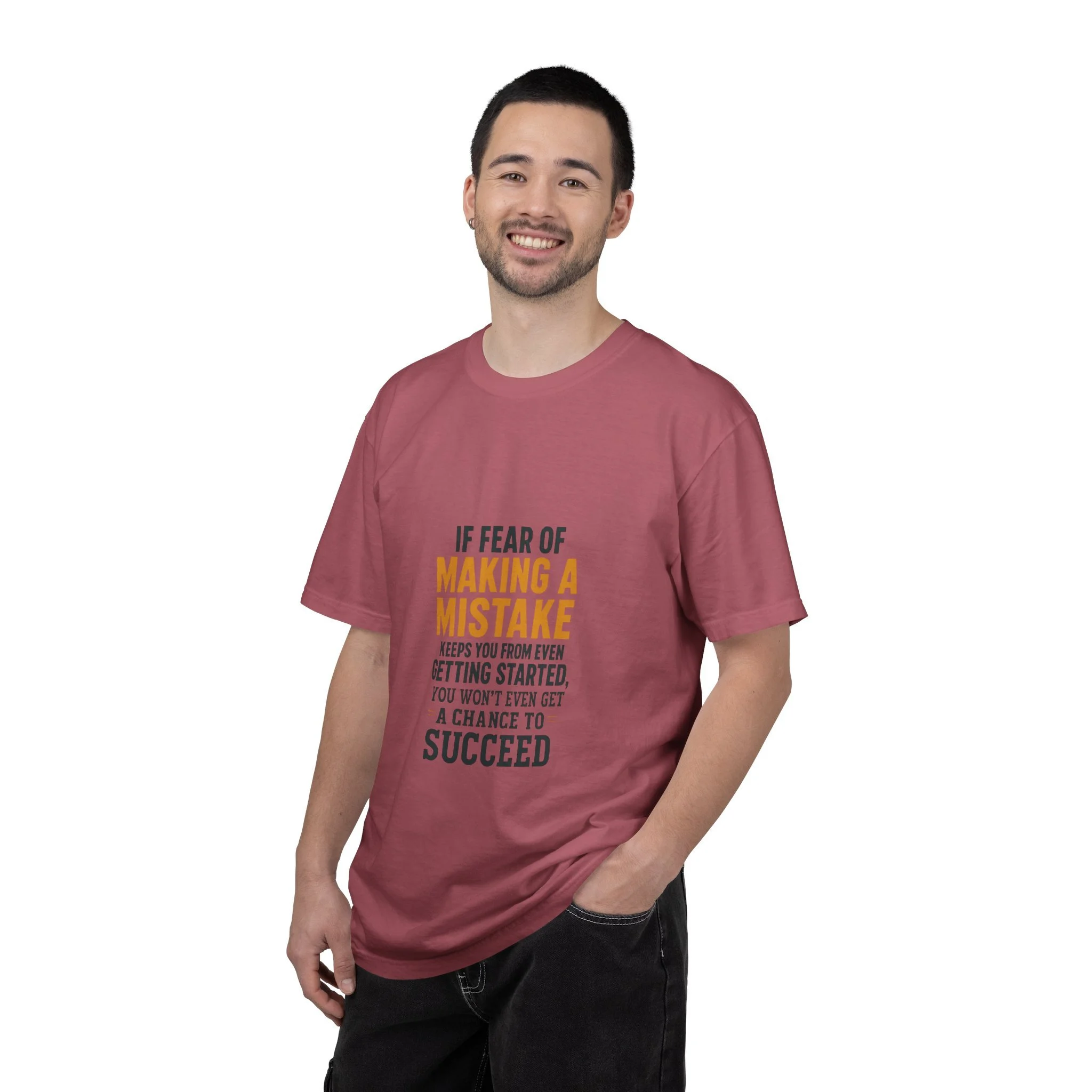 Lifestyle front view of person wearing motivational T-shirt.