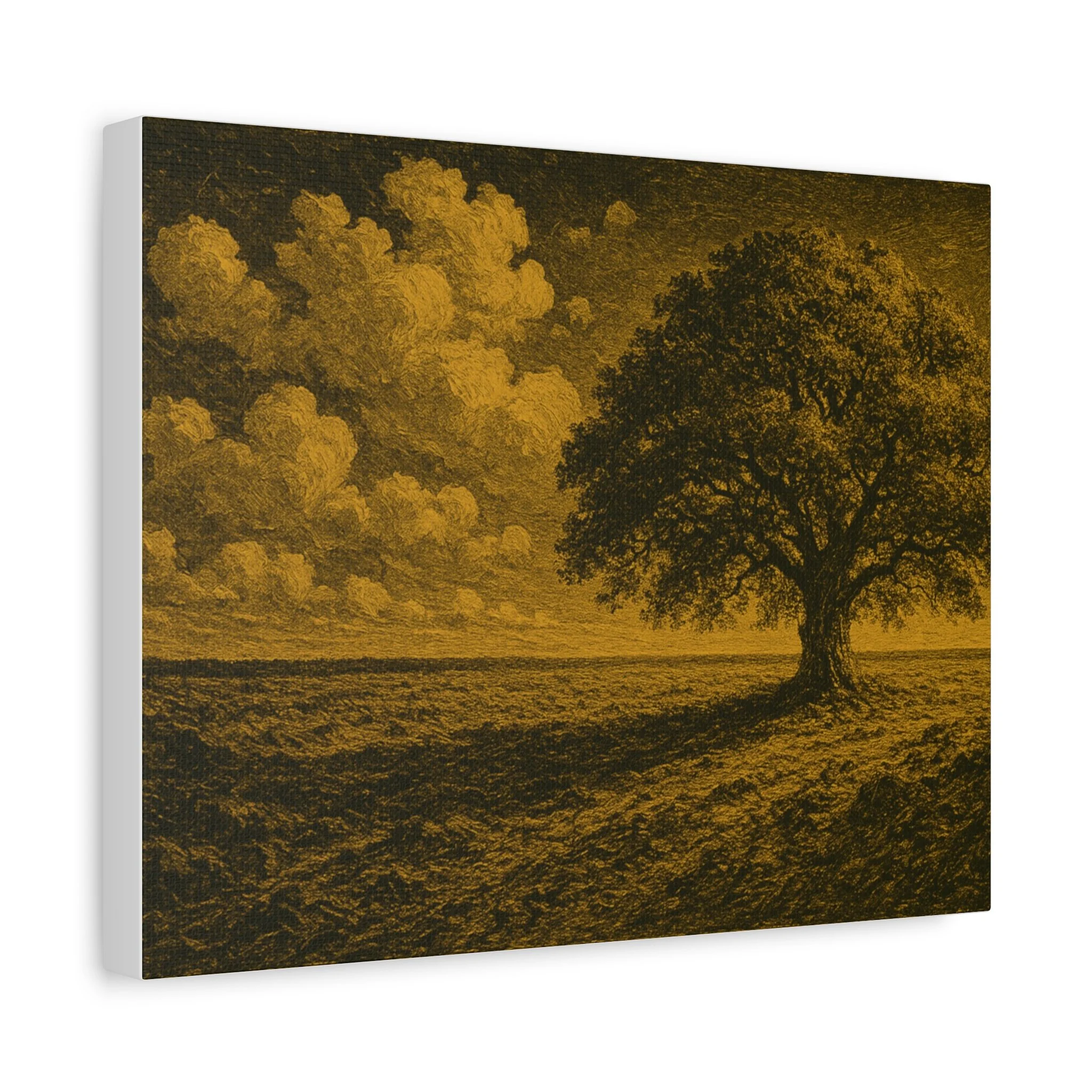 Angled wall mockup of golden oak tree canvas art.