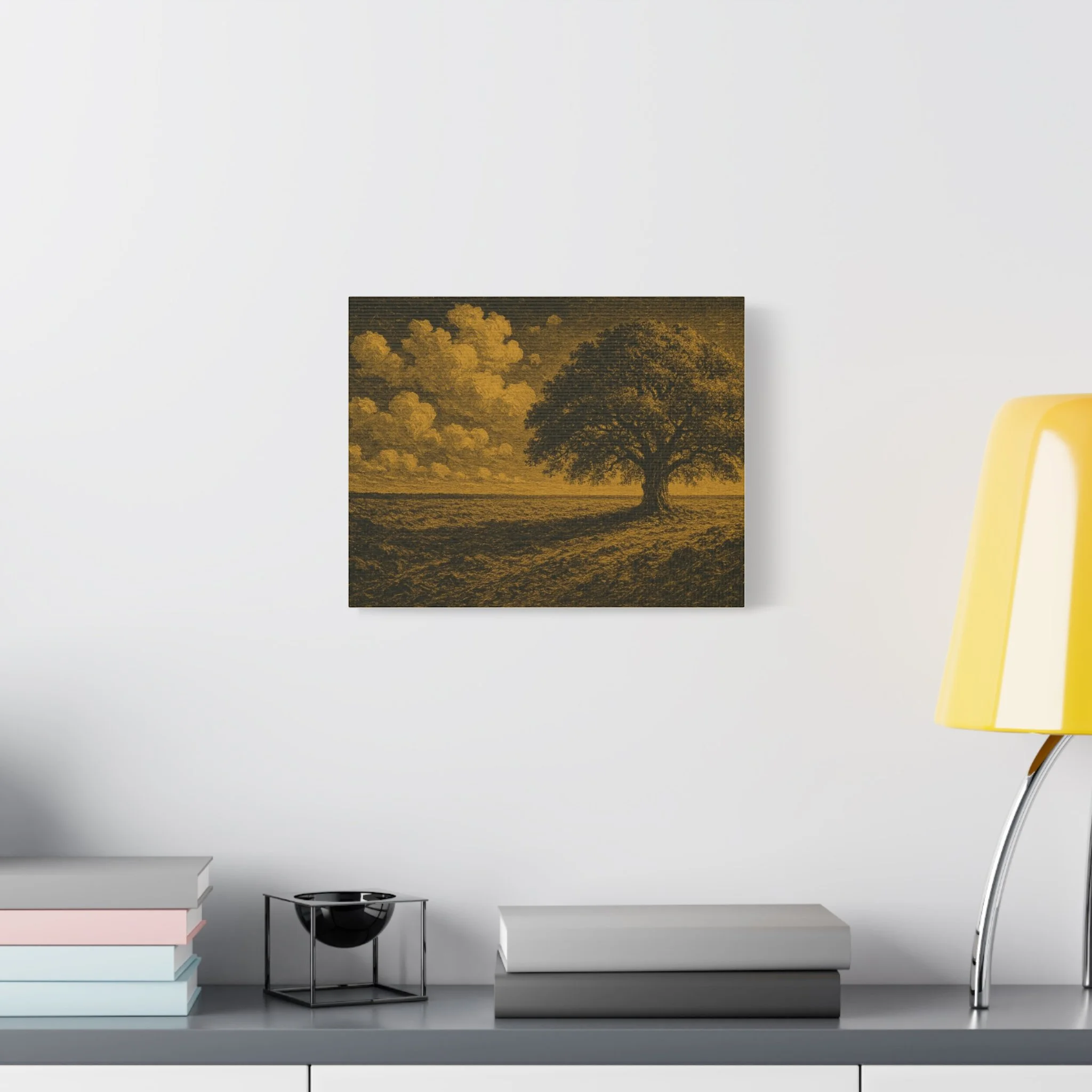 Room mockup featuring Golden Tree Series oak landscape canvas.
