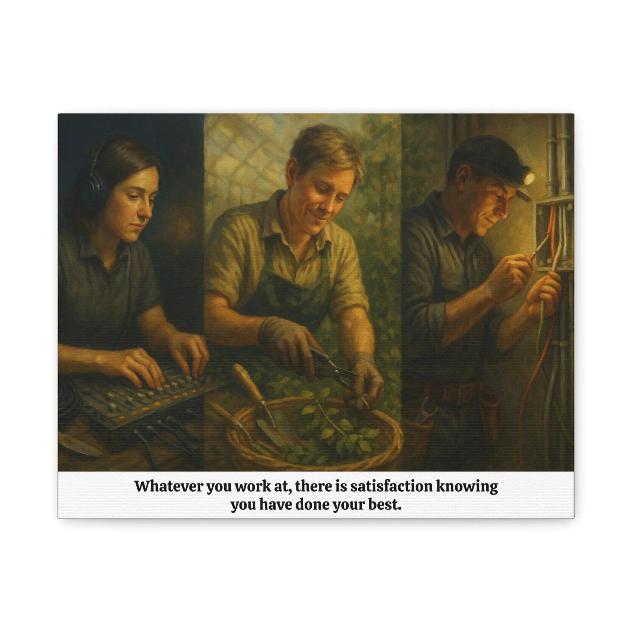 Front view of matte canvas print showing skilled hands at work with 'Do Your Best' message.