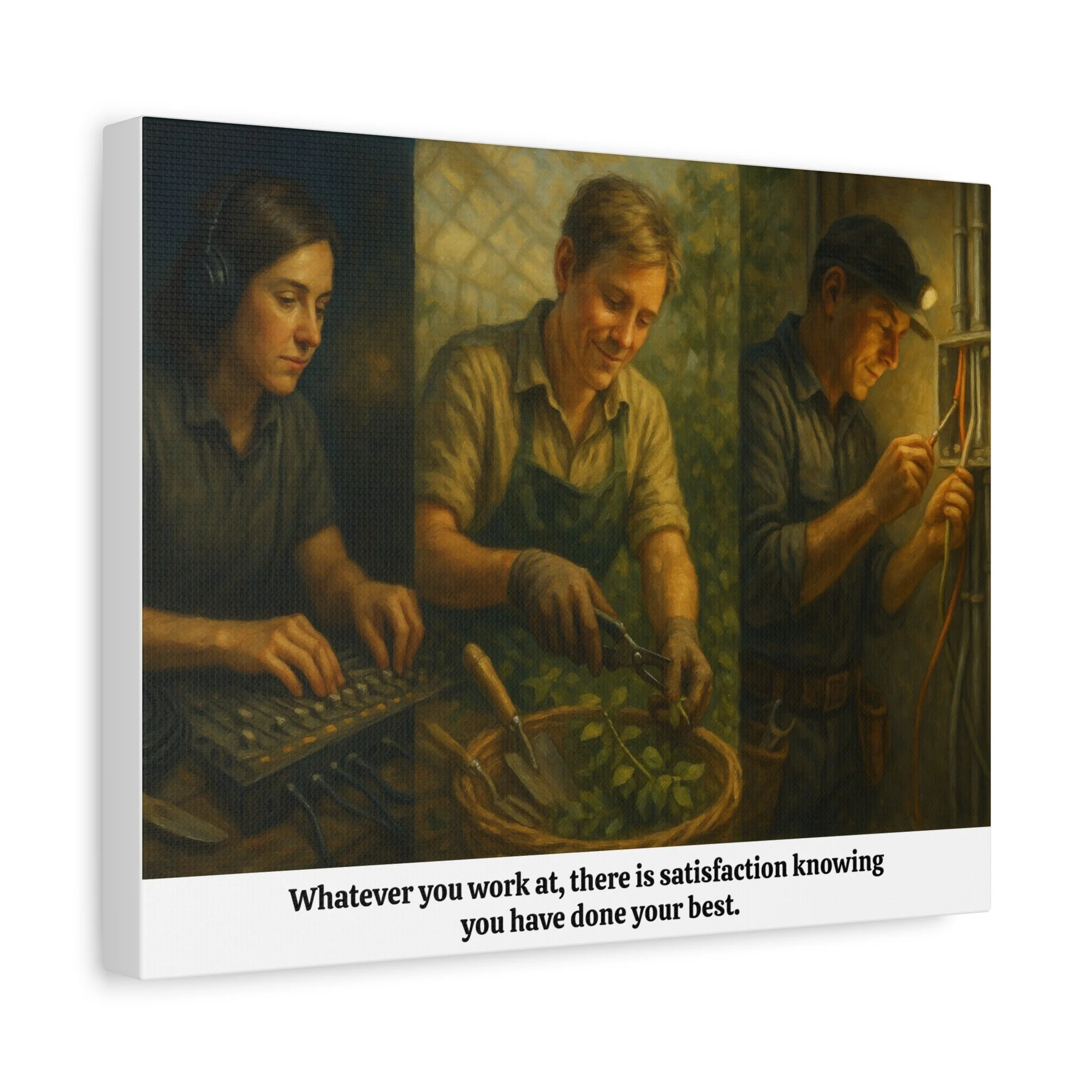 Angled wall view of worker tribute canvas print.