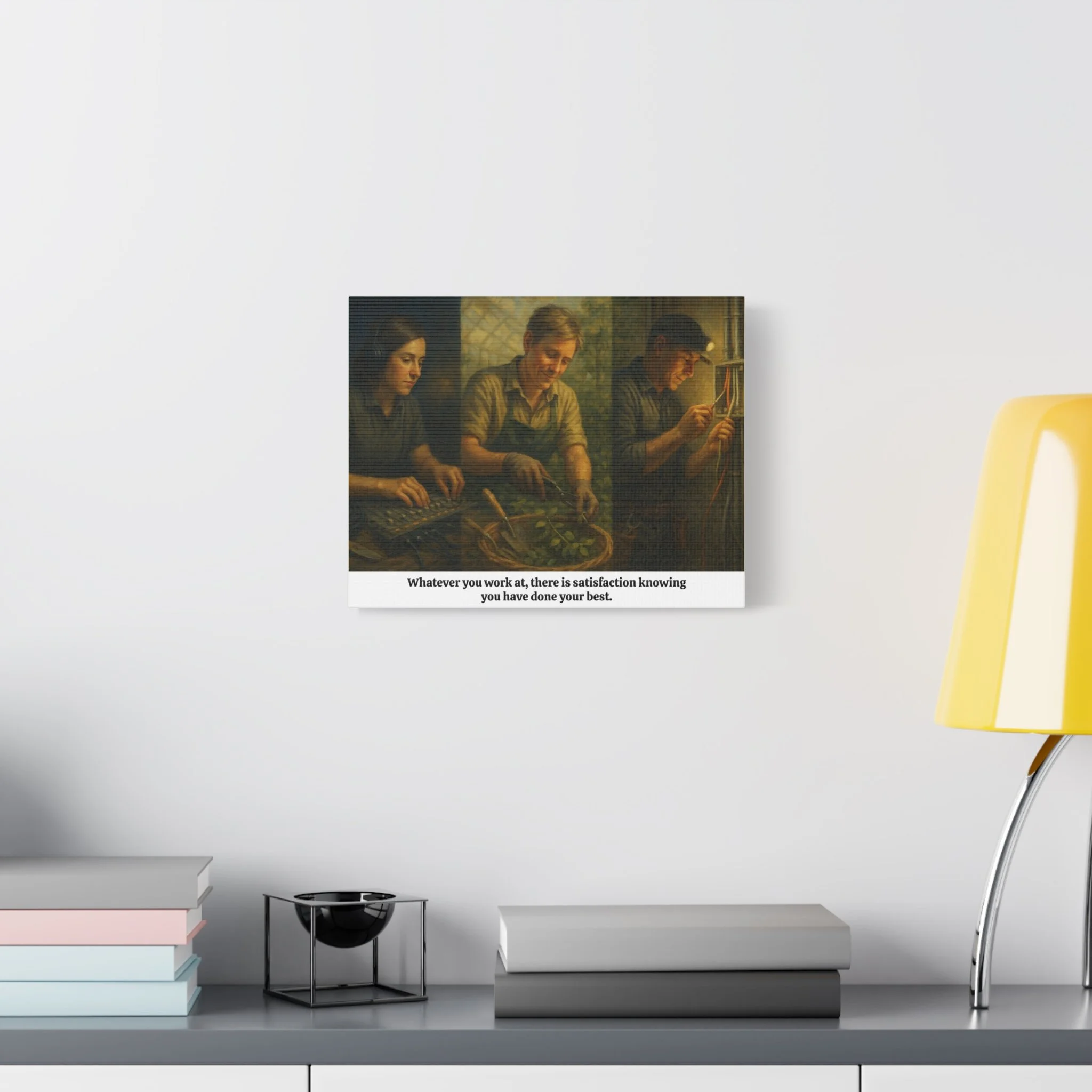 Room mockup featuring 'Do Your Best' skilled hands canvas art.