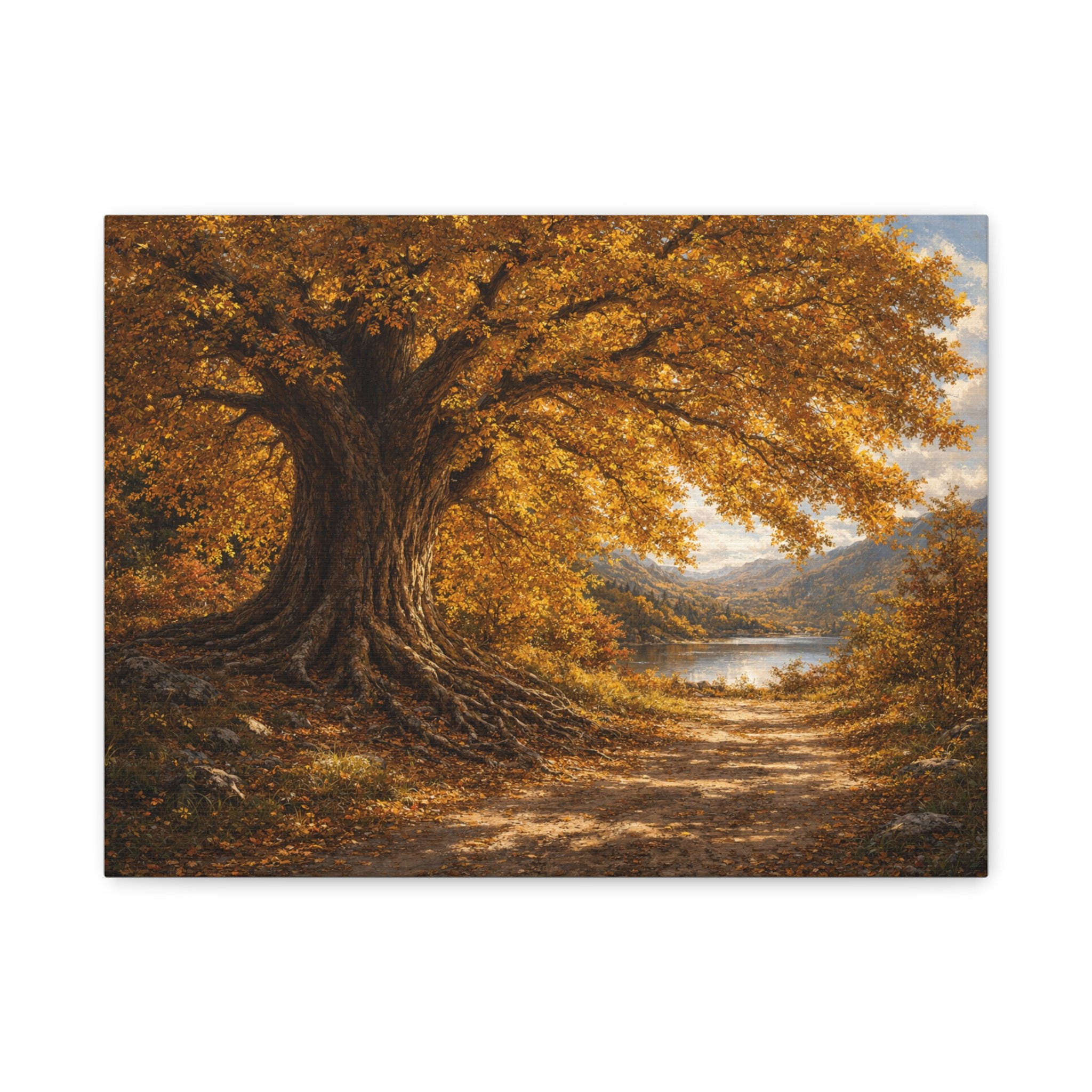Front view of Autumn Oaks canvas print with golden oak tree, autumn leaves, and lakeside landscape