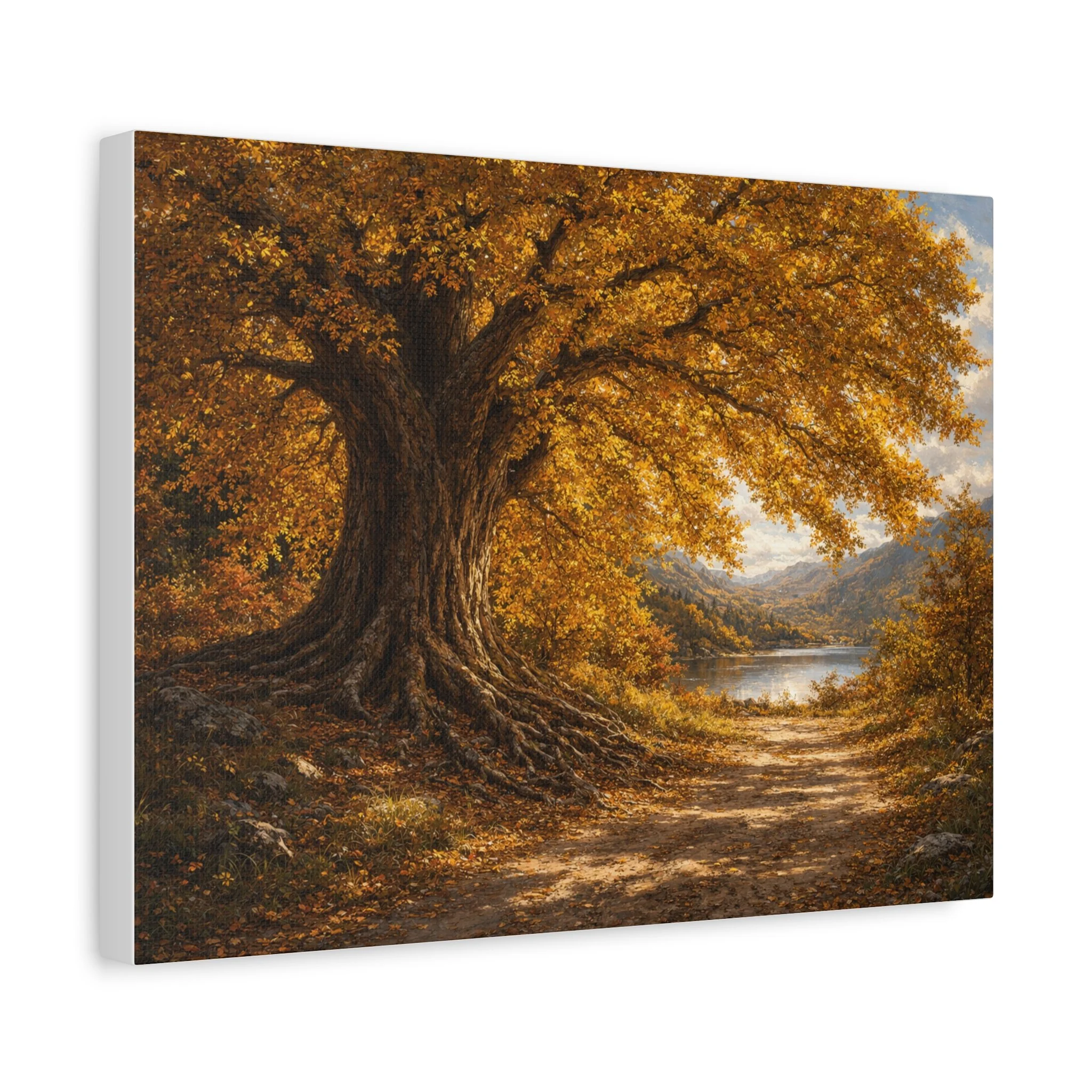 Angled view of Autumn Oaks stretched canvas wall art showing golden tree and autumn landscape scene