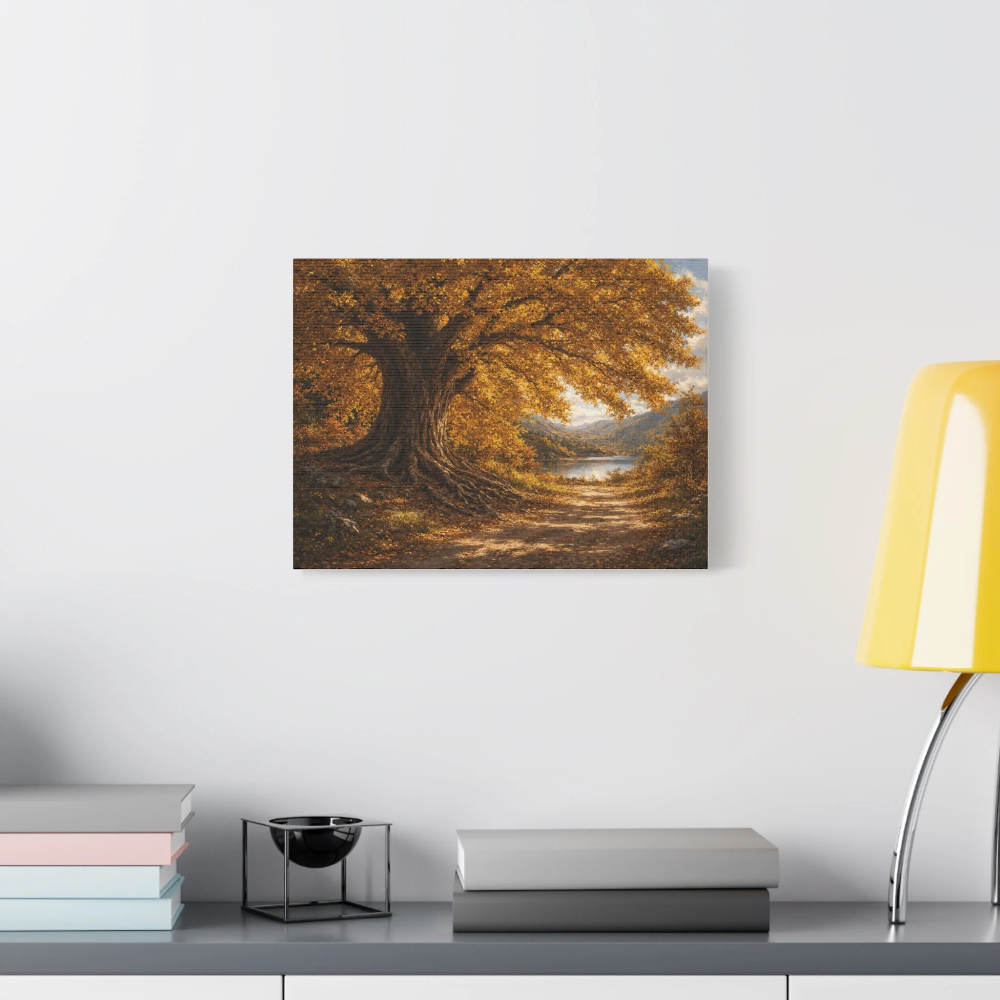Autumn Oaks canvas wall art displayed in a study or office with calm golden tree landscape scene