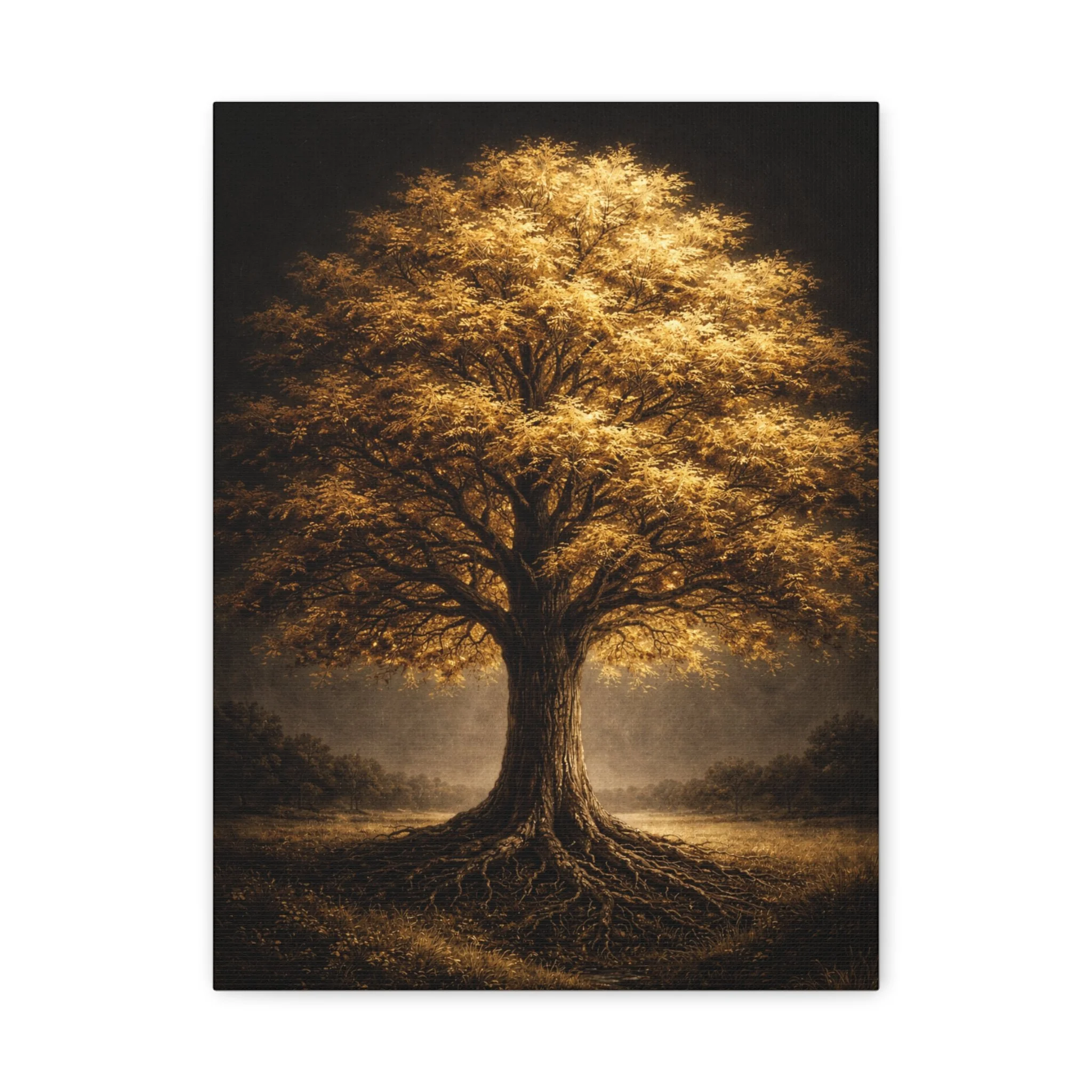 Matte stretched canvas print showing a mature golden tree with rooted presence and a calm nature scene