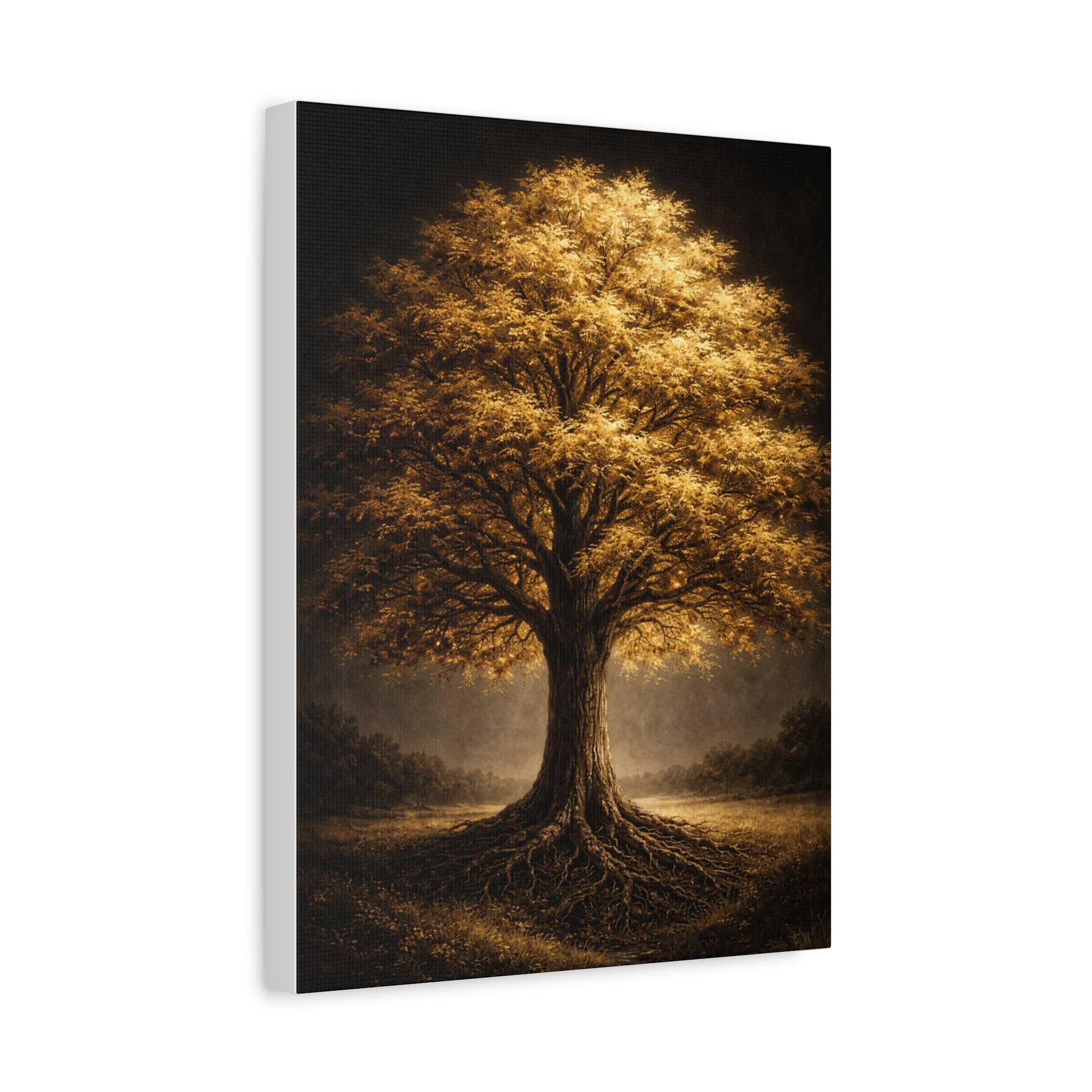 Angled view of golden tree canvas wall art on a slim stretched frame with matte finish