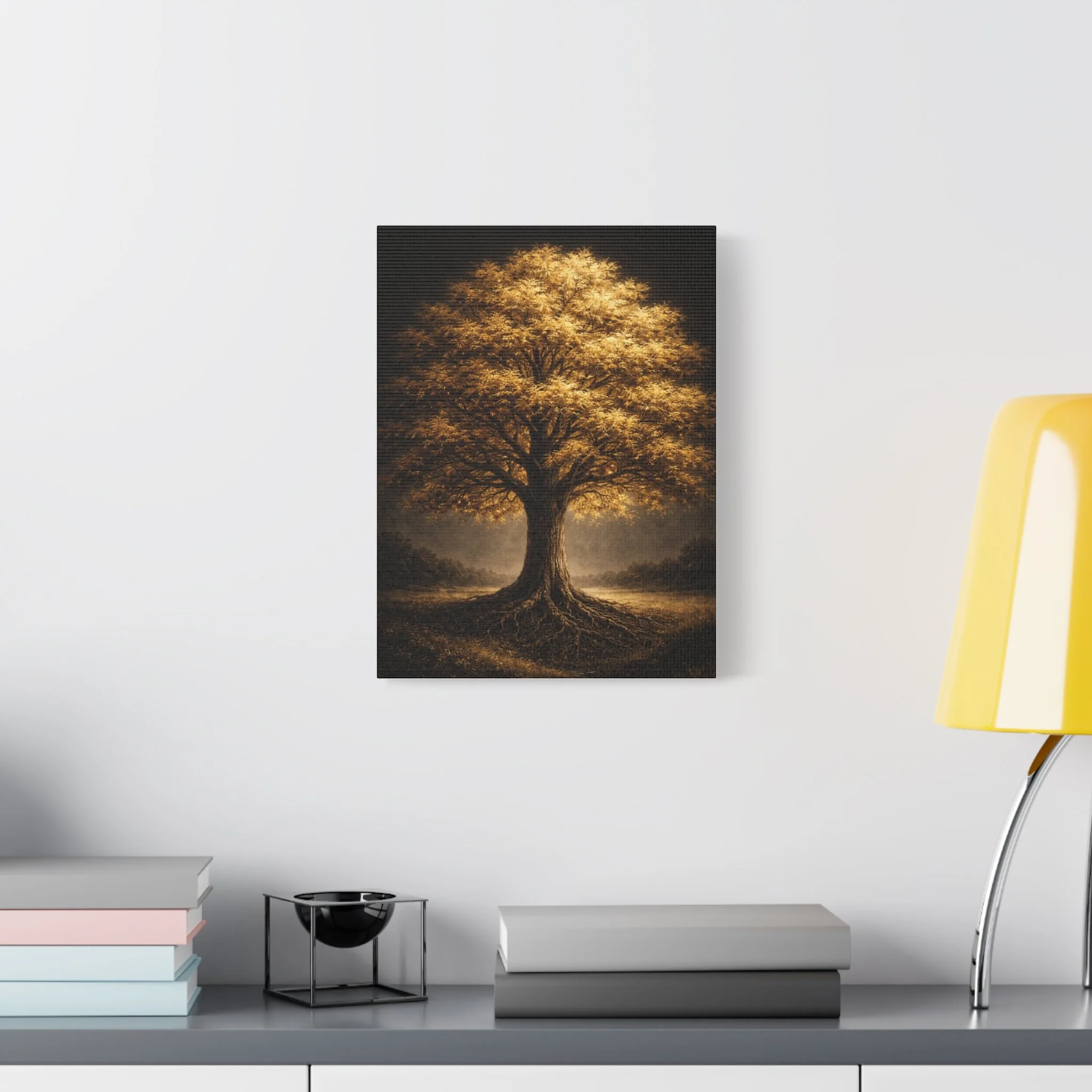 Golden tree canvas wall art in an office or study adding grounded, reflective nature decor