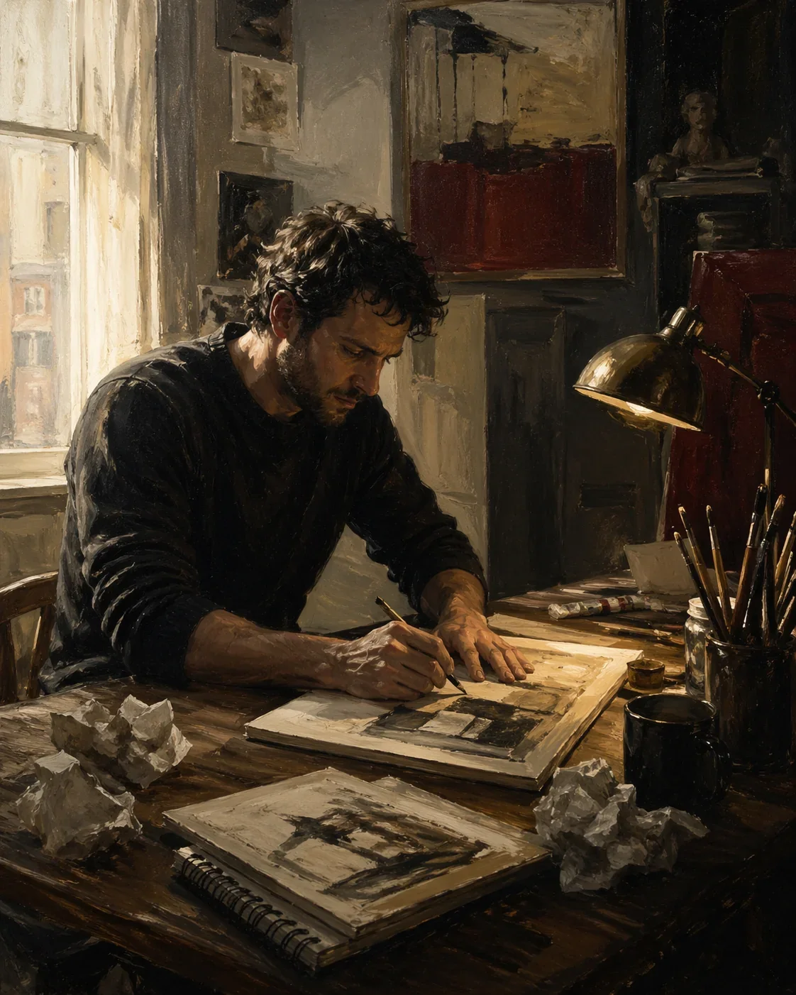 Man at desk working on work drawing. Lamp shinning down on desk.