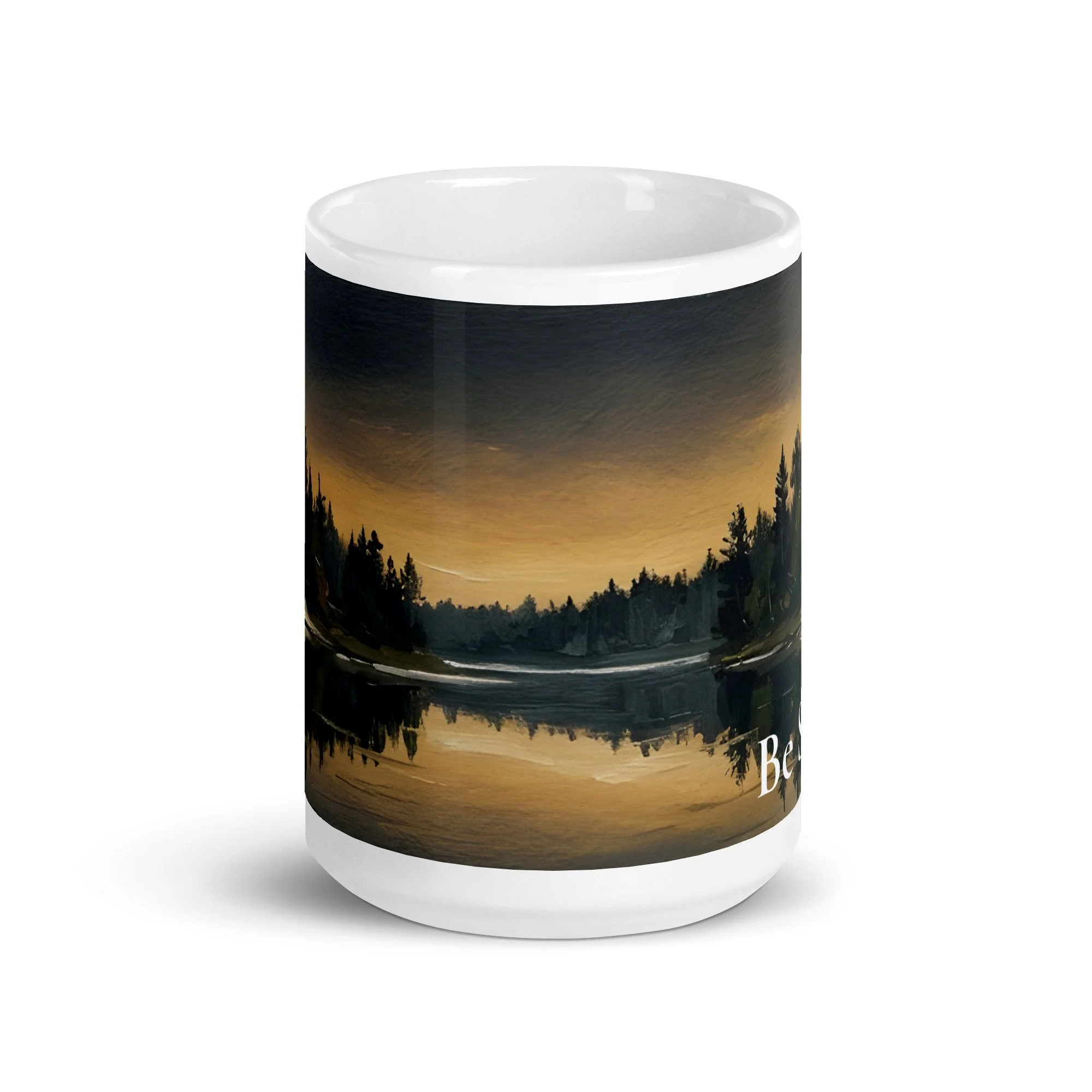 Close-up of the "Be Still" design printed on a white 15 oz. ceramic mug.