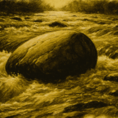 A large rounded rock in a flowing river with visible ripples and water movement.