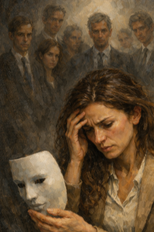 Women  looking down at mask. She is doubting her ability to do the job.