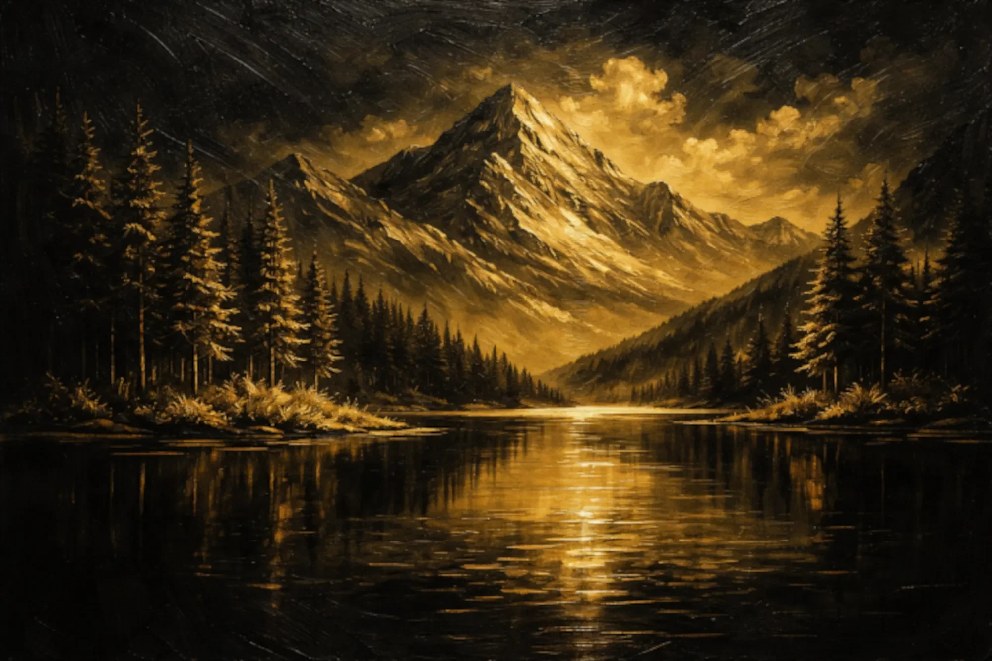 A painting of a mountain landscape with snow-capped peaks, dense pine forests, and a reflective river in the foreground, illuminated by a warm, golden light.