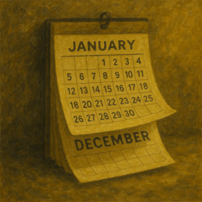 A painted desk calendar showing the months of January and December with days numbered from 1 to 31.
