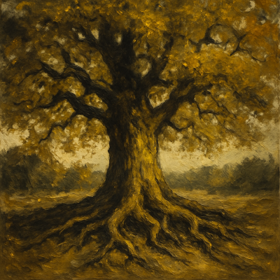 A large tree with a thick trunk and sprawling roots, showing autumn-colored leaves, in a natural landscape.