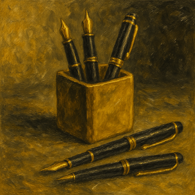 Four black and gold fountain pens in a square holder and two fountain pens lying on a surface.