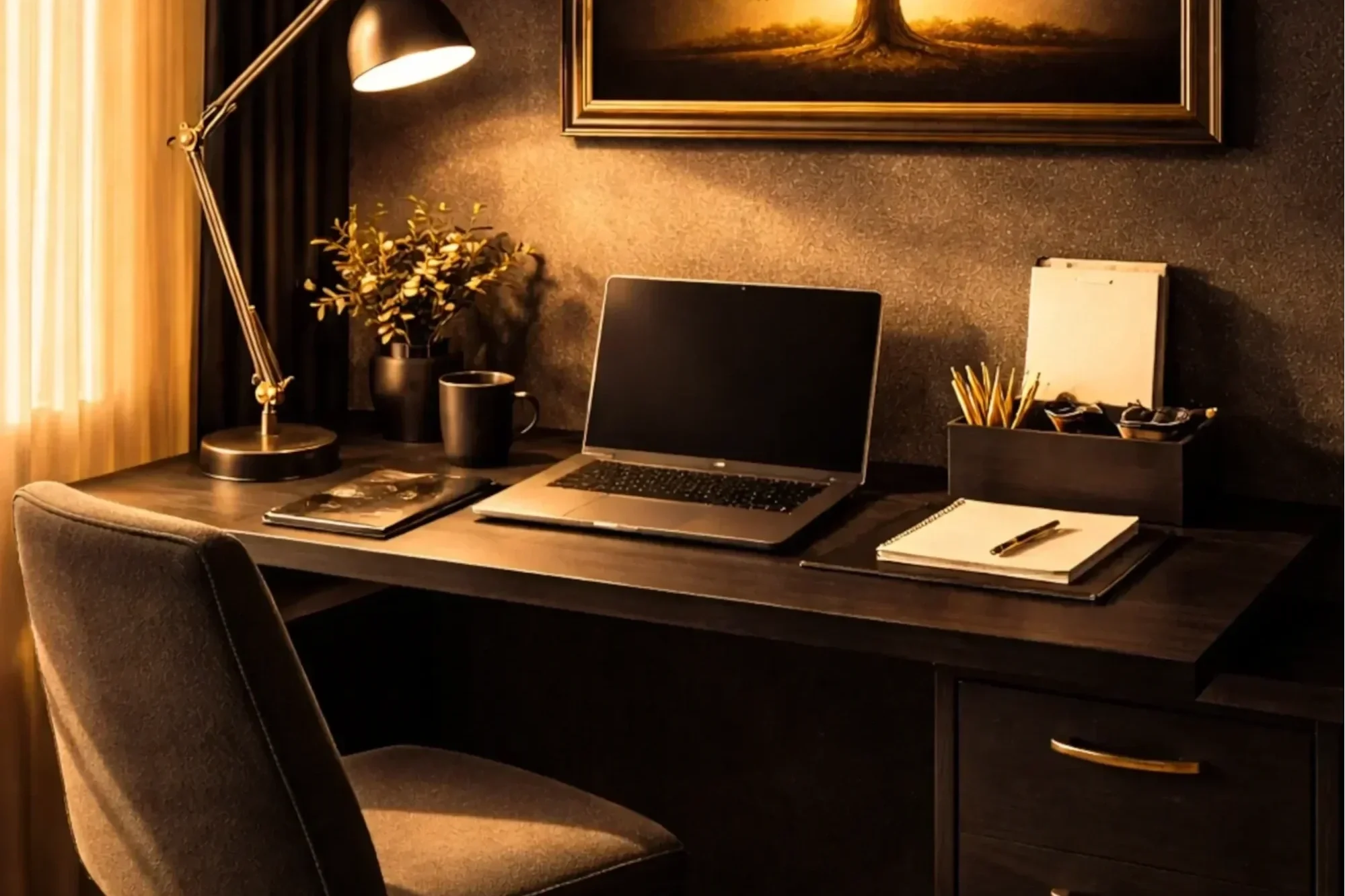 A cozy home office desk with a laptop, notebook, pens, potted plant, coffee cup, desk lamp, and framed picture.
