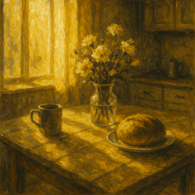 A still life painting of a kitchen table holding a mug, a plate with bread, and a vase of flowers, with warm yellow lighting.