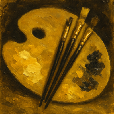 Painting of an artist's palette with paint and three paintbrushes resting on it.
