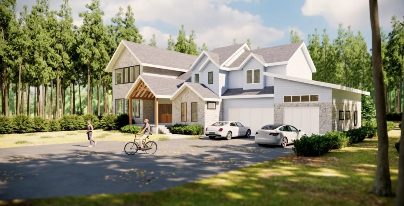 A modern two-story house with a five-car garage, surrounded by trees, with three cars parked in the driveway and two people walking or biking nearby.