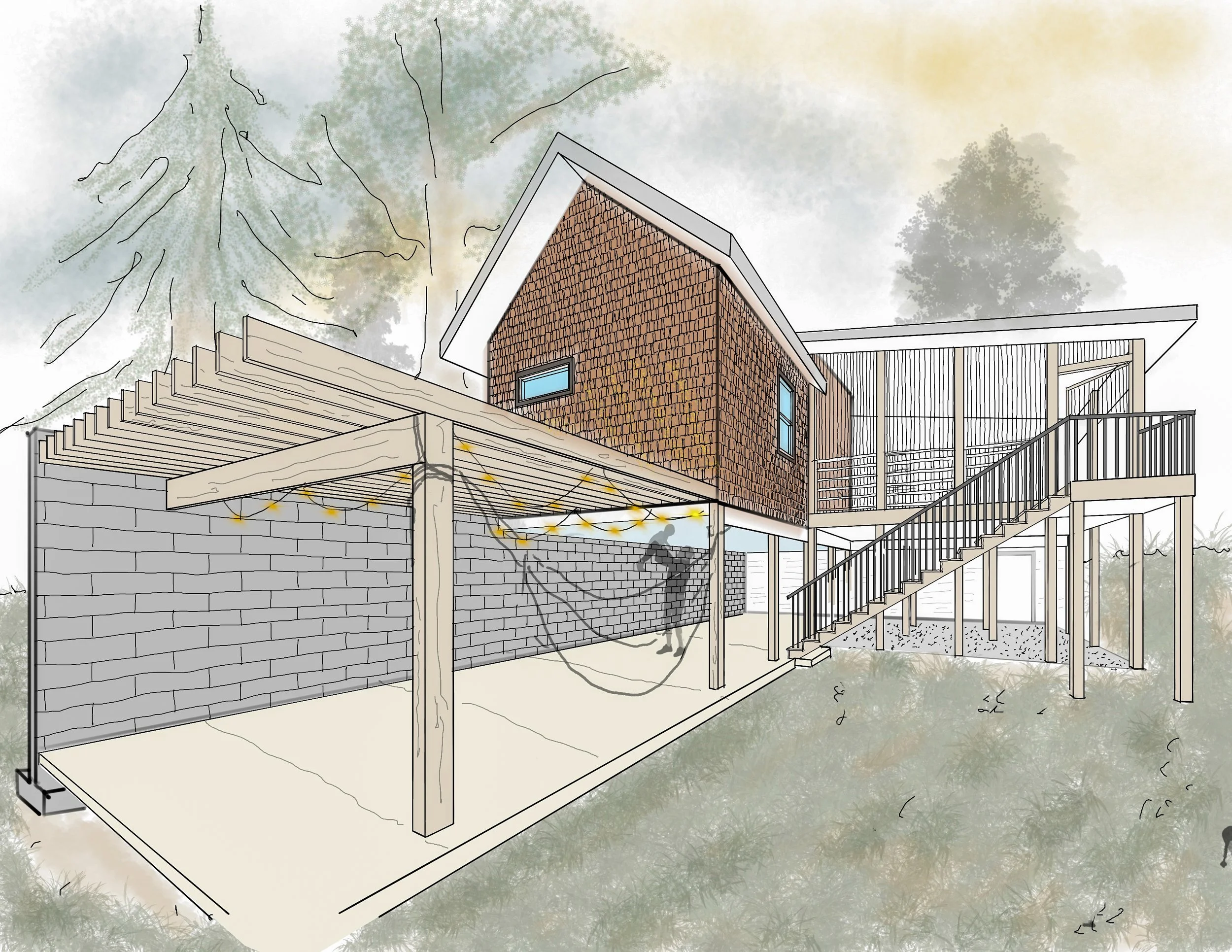 Architectural rendering of a two-story house with a deck, staircase, and an outdoor patio area decorated with string lights. The house has a brown shingled exterior and large windows, with trees in the background.