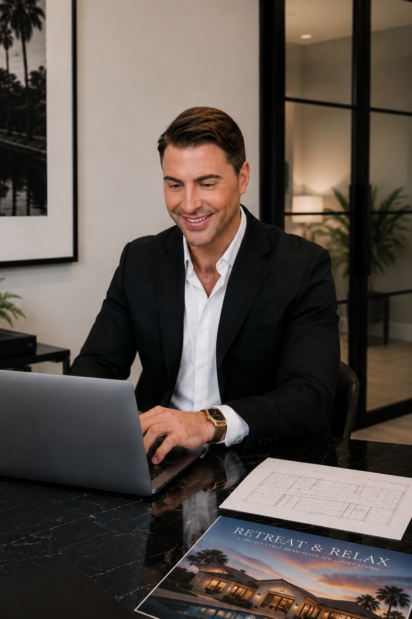 A man in a black suit sitting at a table, smiling and working on a laptop in an office, with a brochure for luxury homes titled 'Retreat & Relax' and architectural plans on the table.