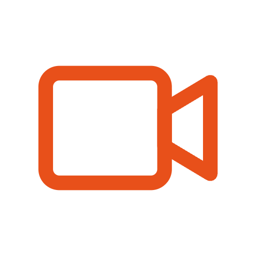 Icon of a video camera in orange on a black background.