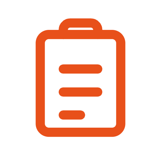 Icon of a clipboard with list lines, in orange.