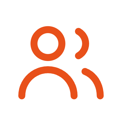 Simple icon of two stylized human figures, one in front of the other, in orange outline on a black background.