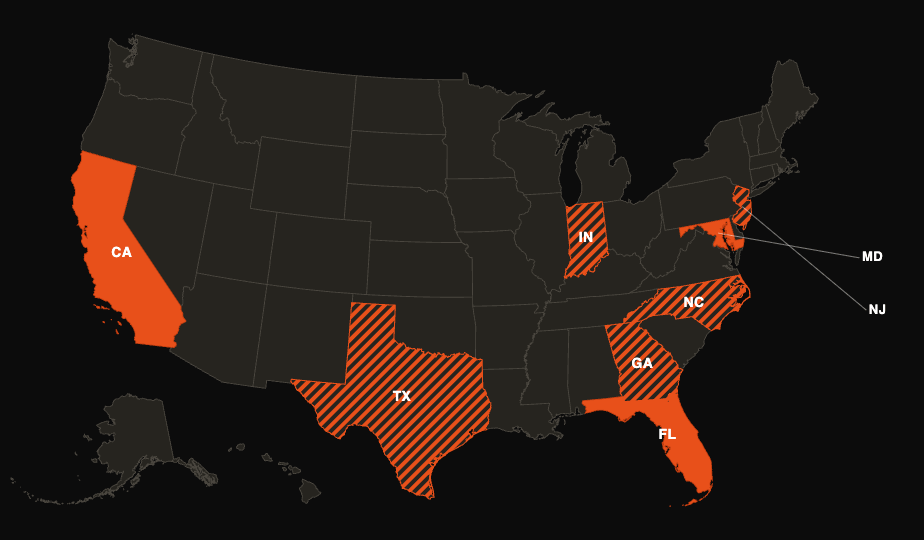 U.S. map with certain states shaded in orange or with orange stripes, indicating selected states, including California, Texas, Florida, Georgia, North Carolina, Maryland, Indiana, and New Jersey.