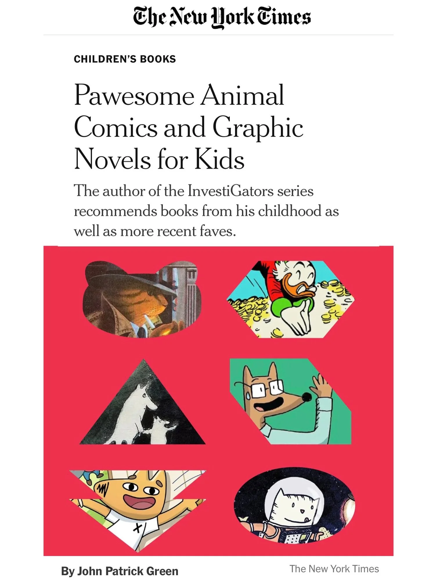 📰‼️ UM OKAY. John Patrick Green (the mastermind behind InvestiGators) just recommended Dex Dingo in his New York Times book roundup! His piece is about how animal comics made grown-up themes feel exciting to him as a kid, from Mrs. Frisby to Spider-