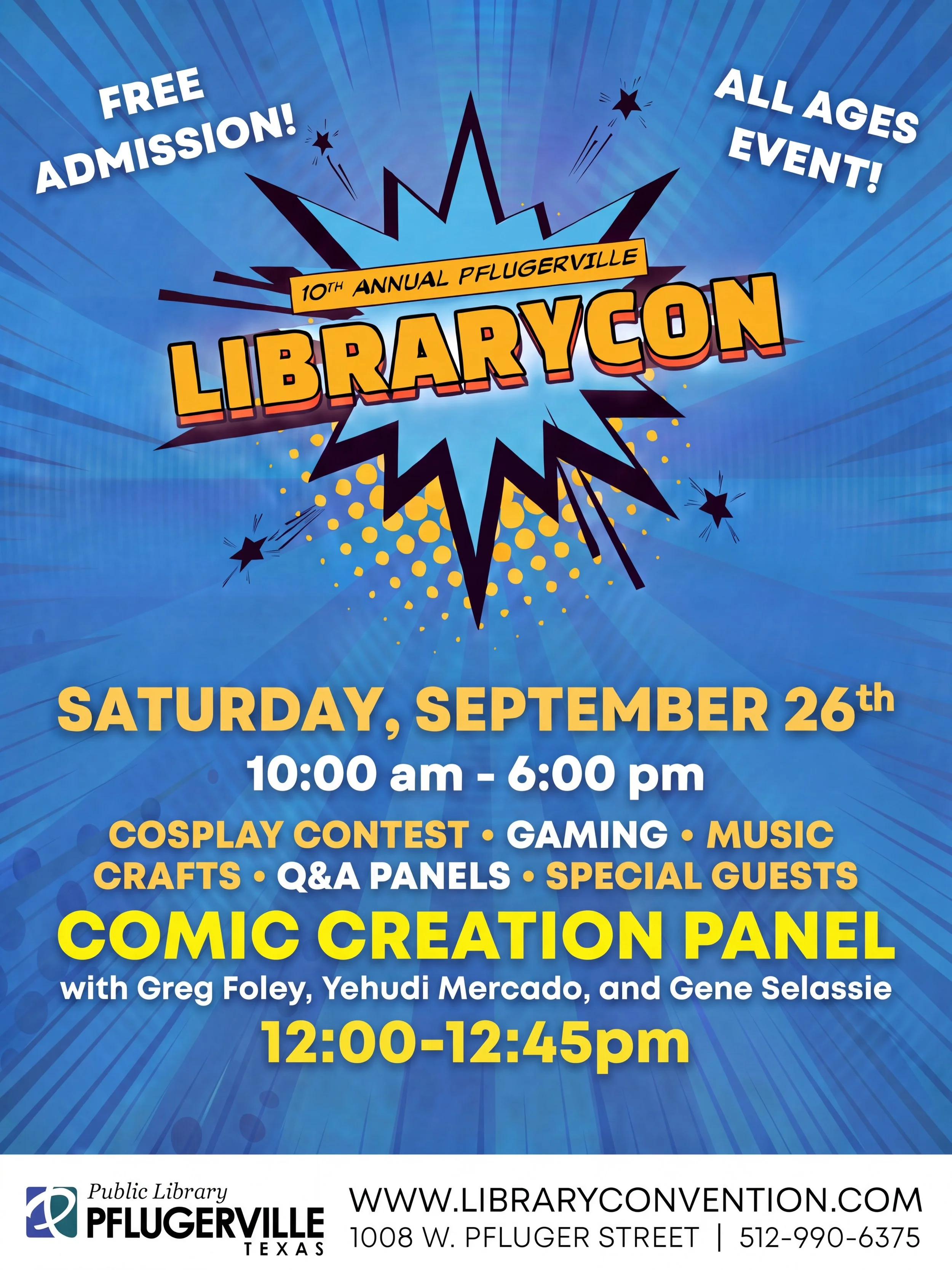 Texas friends! 🐕📚 Come hang out with me this Saturday at the 10th Annual LibraryCon at Pflugerville Public Library.
🎨 12:00&ndash;12:45pm: Comic Creation Panel with me, Yehudi Mercado, and Gene Selassie  ✍️ Signing Dex Dingo books 10am-3pm
The con