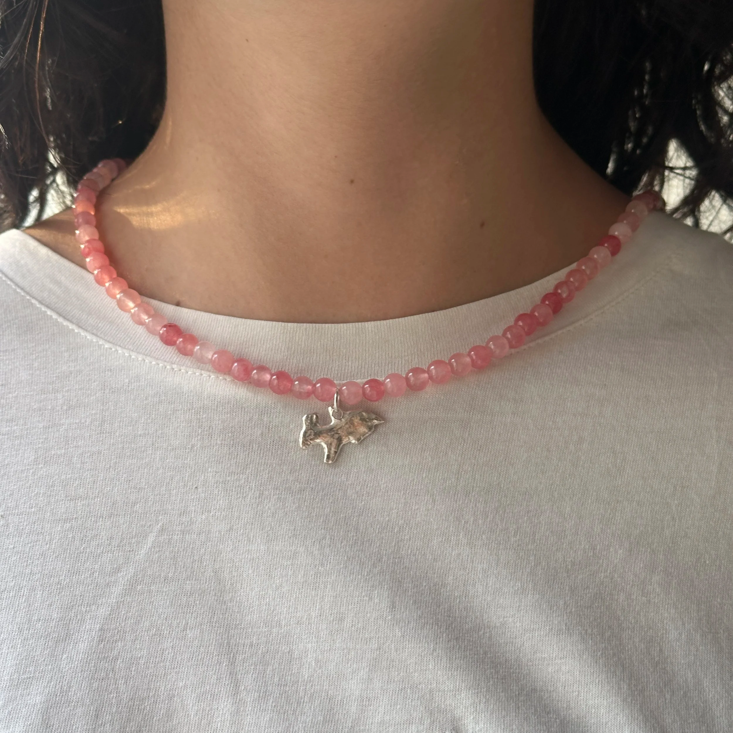 Collar piedra y milagro PLATEADO con Ágata Rosa y Conejo (copia)