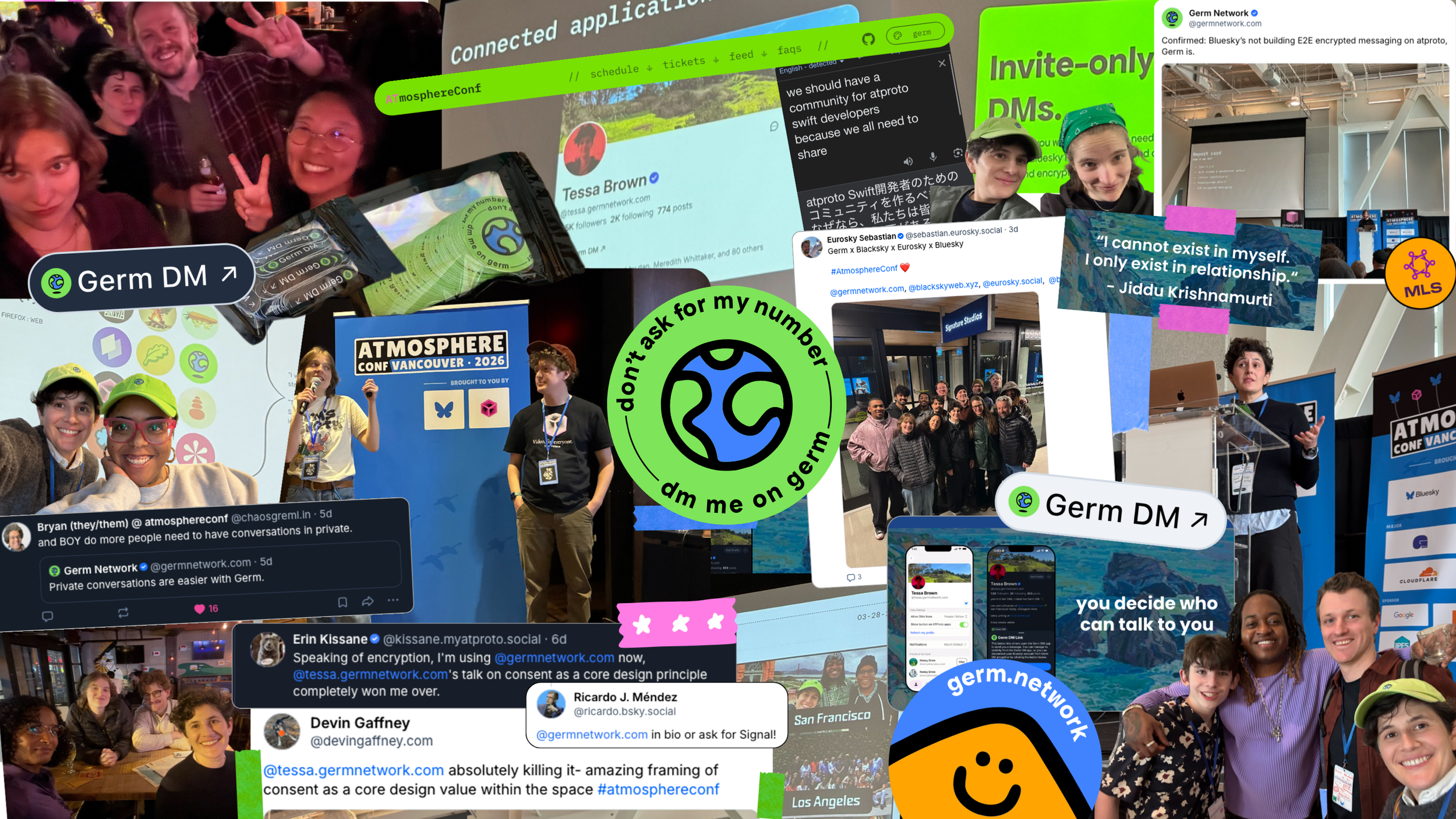 A brightly colored collage of photos of Germ team members and other builders from the AT Protocol Conference, plus bright green and pink graphics of our stickers